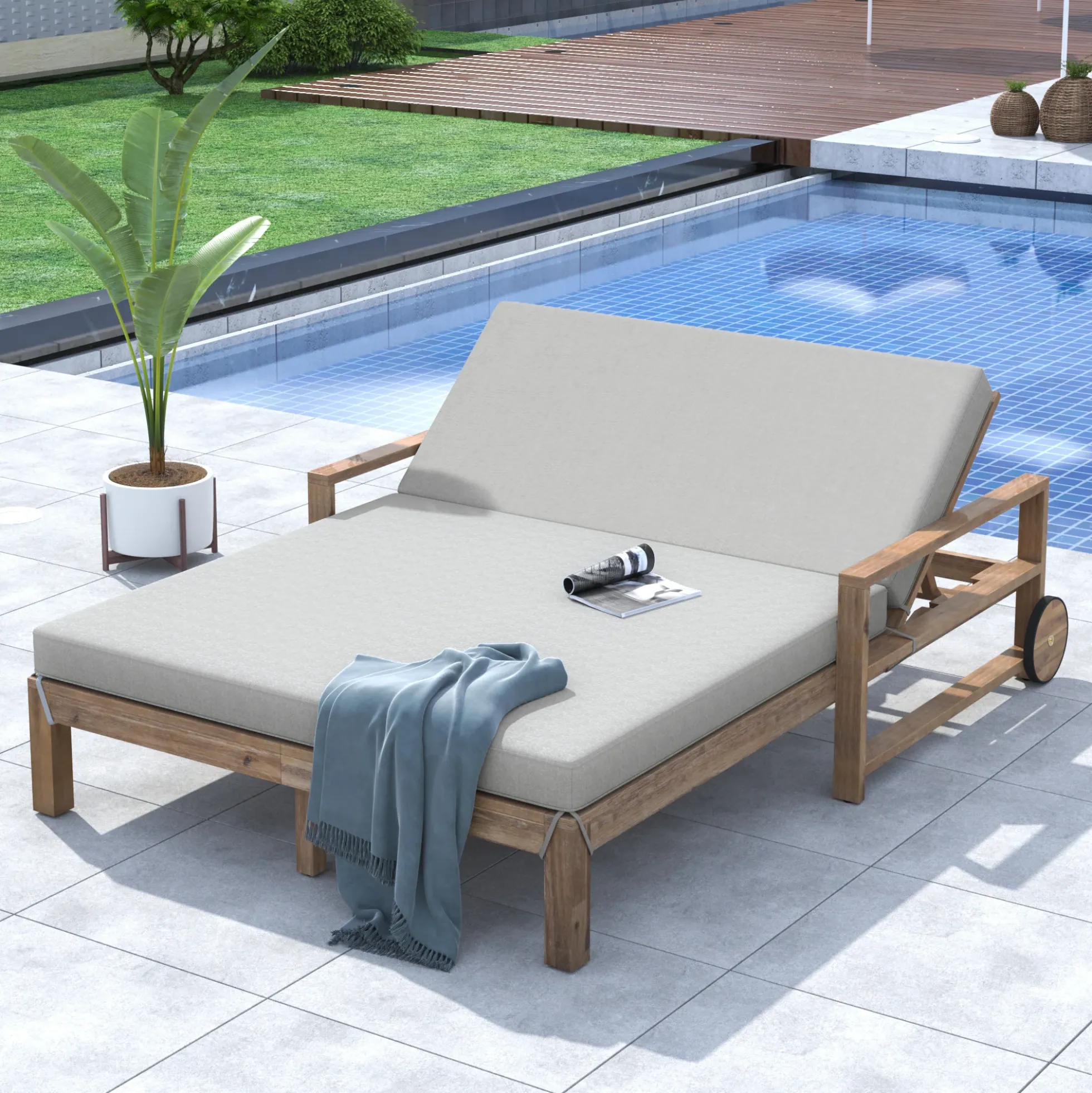 Modern Teak Wood Outdoor Patio Sunbed Lounger