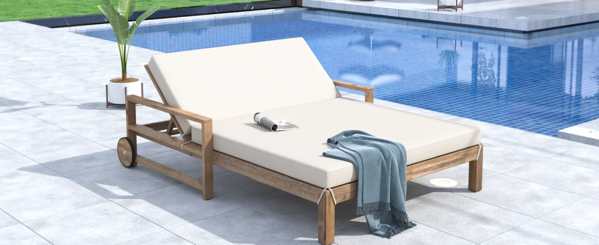 Modern Teak Wood Outdoor Patio Sunbathing Lounge Bed