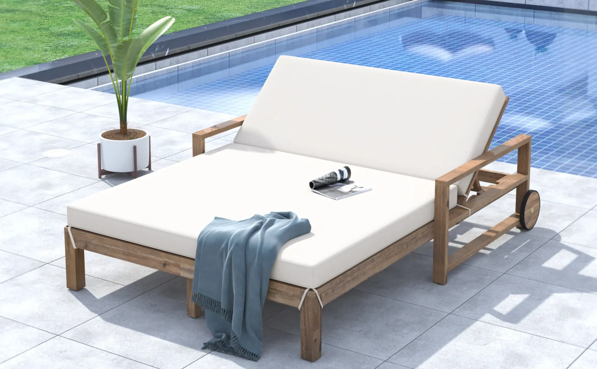 Modern Teak Wood Outdoor Patio Sunbathing Lounge Bed