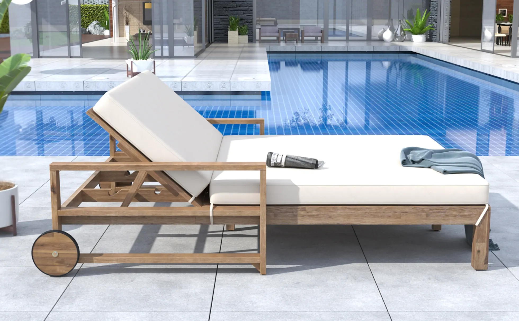 Modern Teak Wood Outdoor Patio Sunbathing Lounge Bed