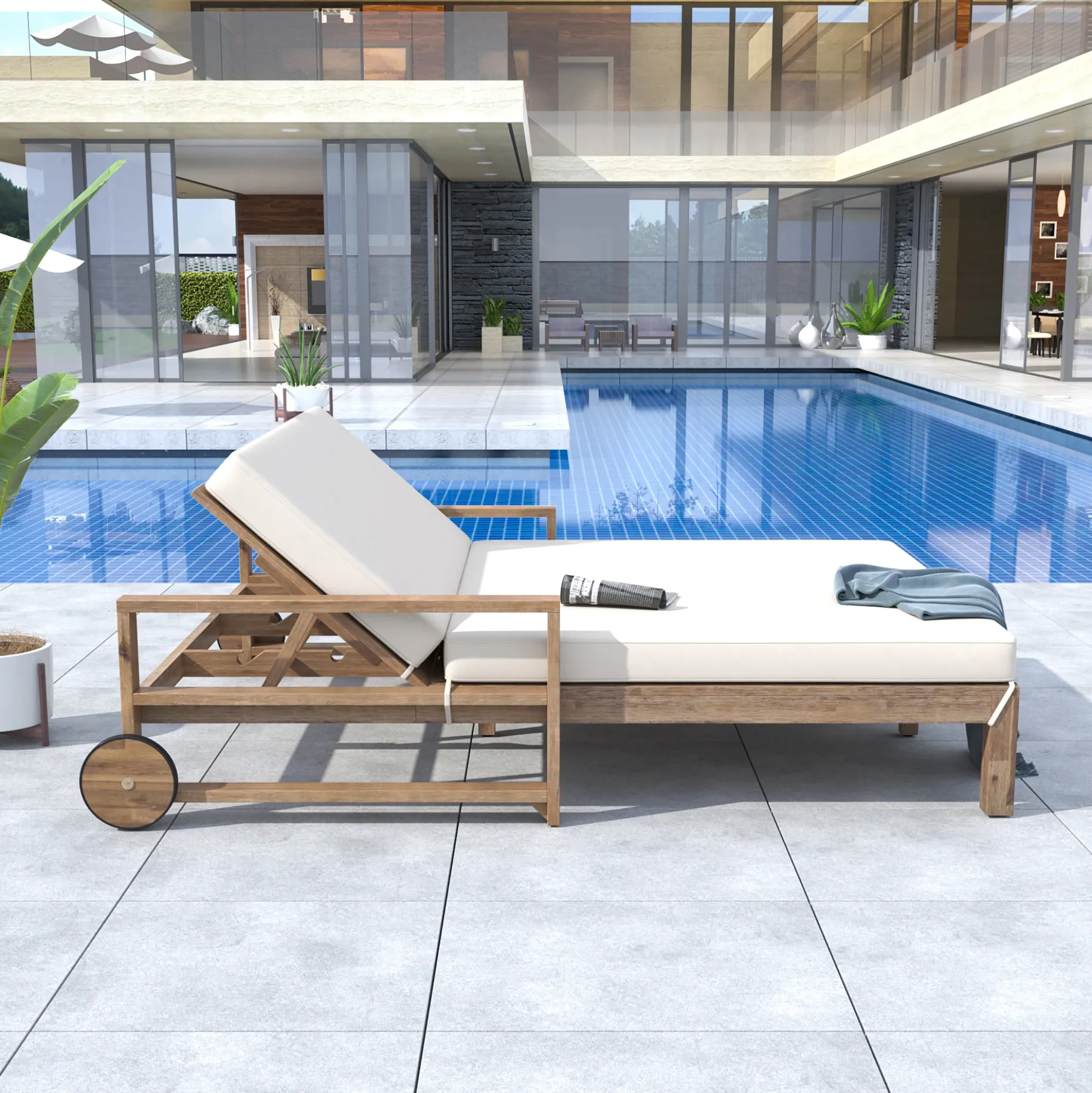 Modern Teak Wood Outdoor Patio Sunbathing Lounge Bed