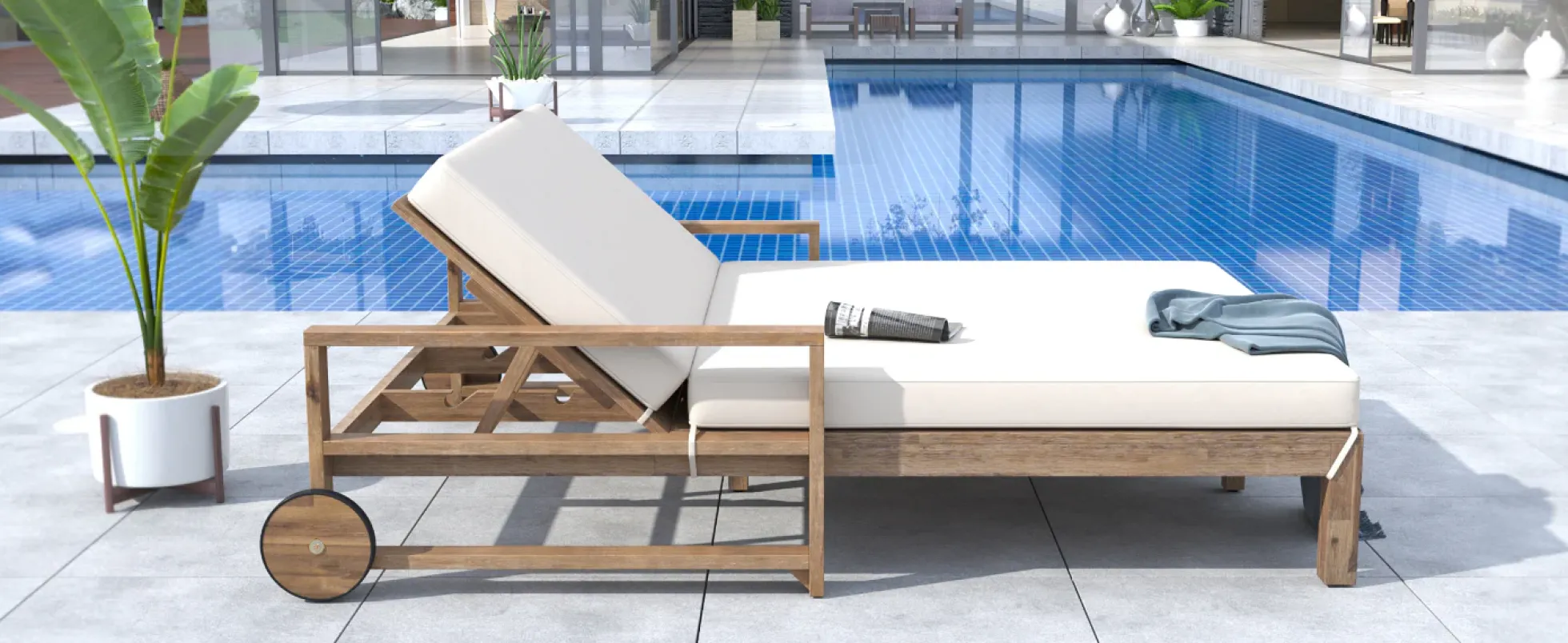 Modern Teak Wood Outdoor Patio Sunbathing Lounge Bed