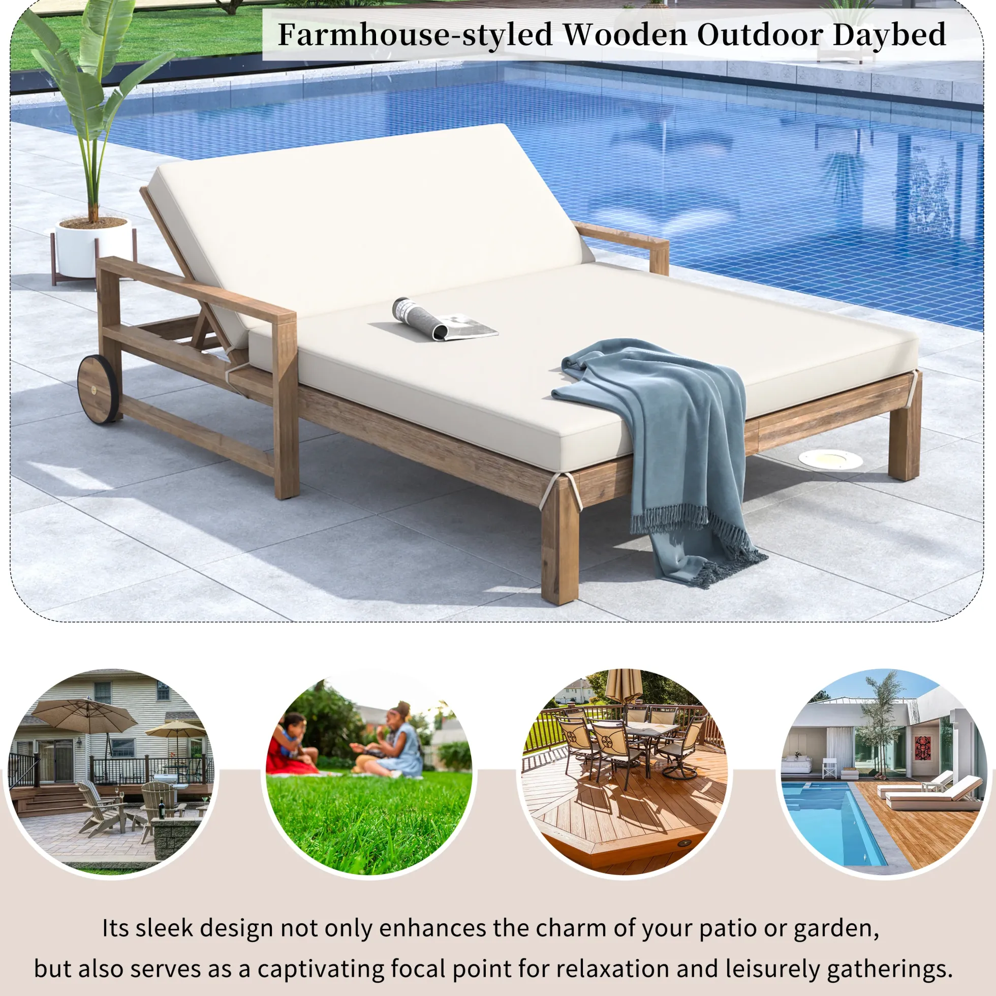 Modern Teak Wood Outdoor Patio Sunbathing Lounge Bed