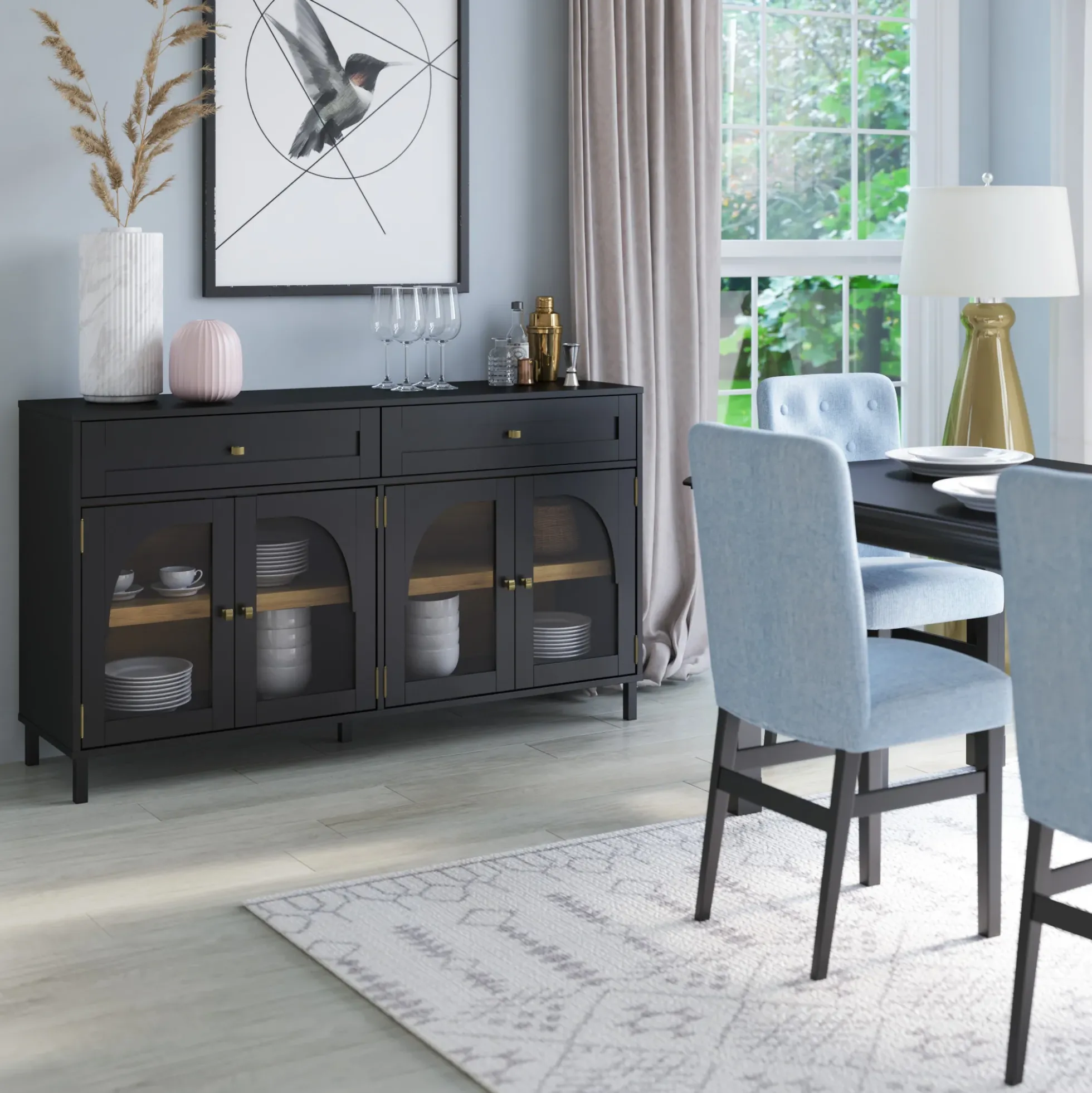 Modern Two‑Tone Double Glass‑Door Cabinets Buffet Sideboard