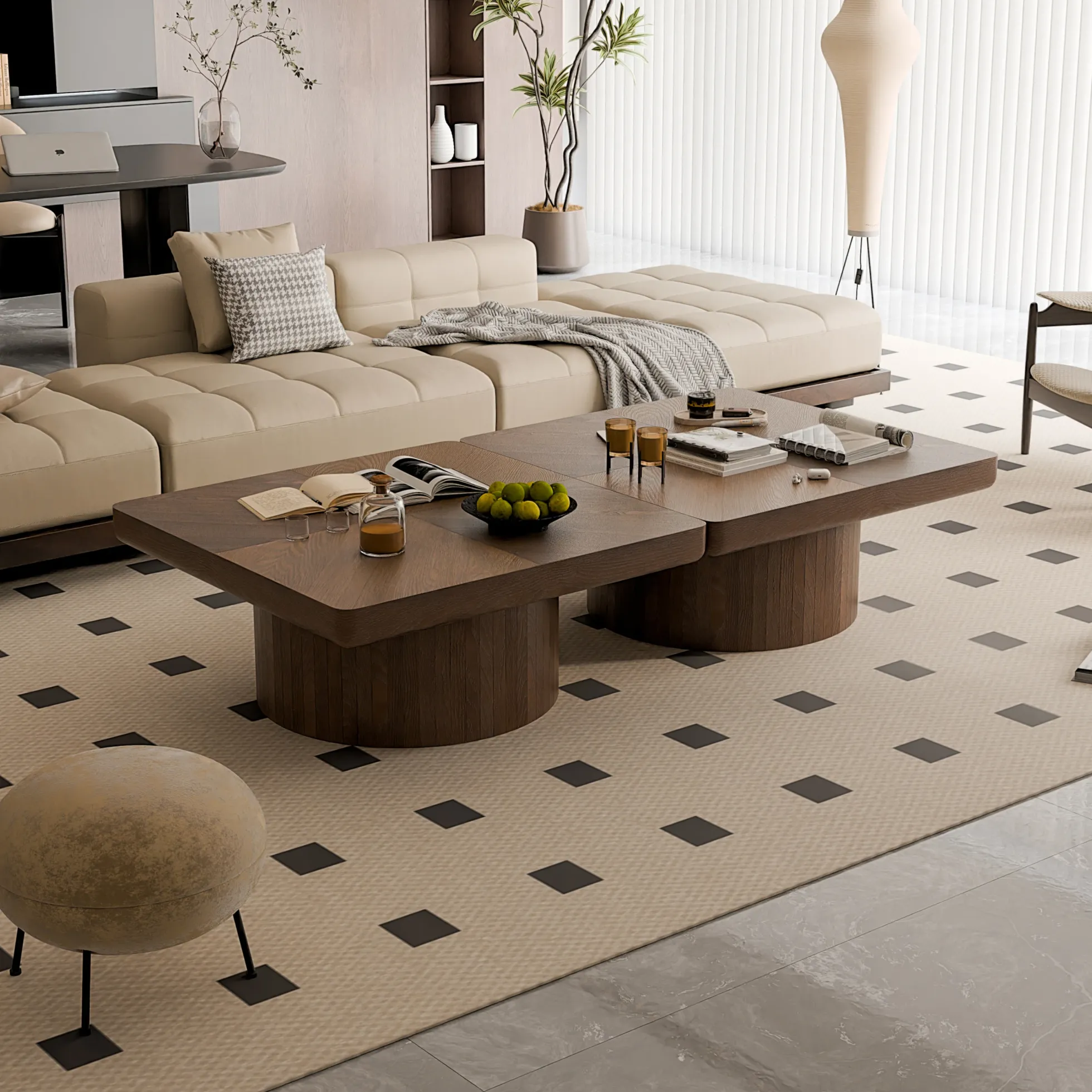 Modern Veneer 34.6'' Square Fluted Cylindrical Base Coffee Table