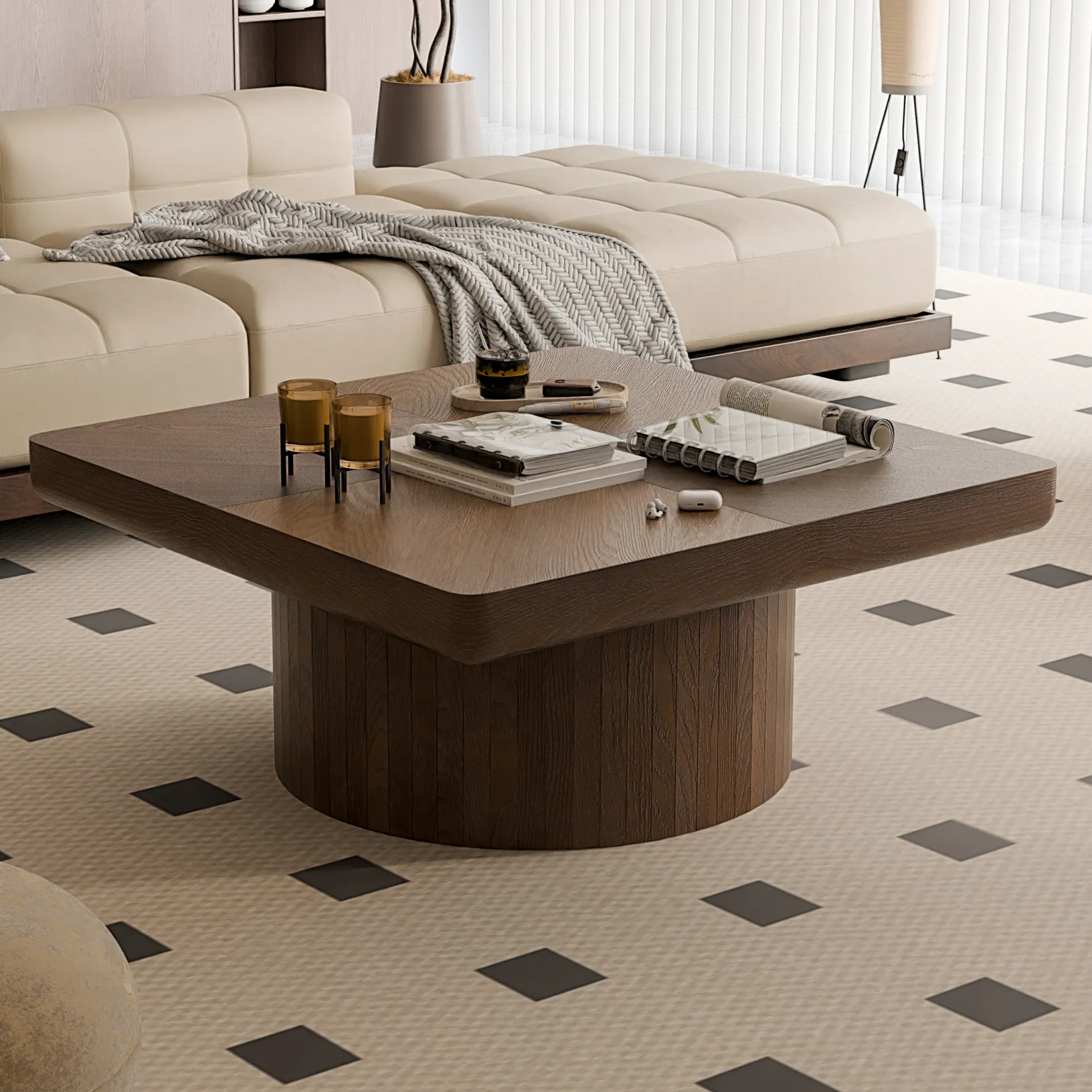 Modern Veneer 34.6'' Square Fluted Cylindrical Base Coffee Table