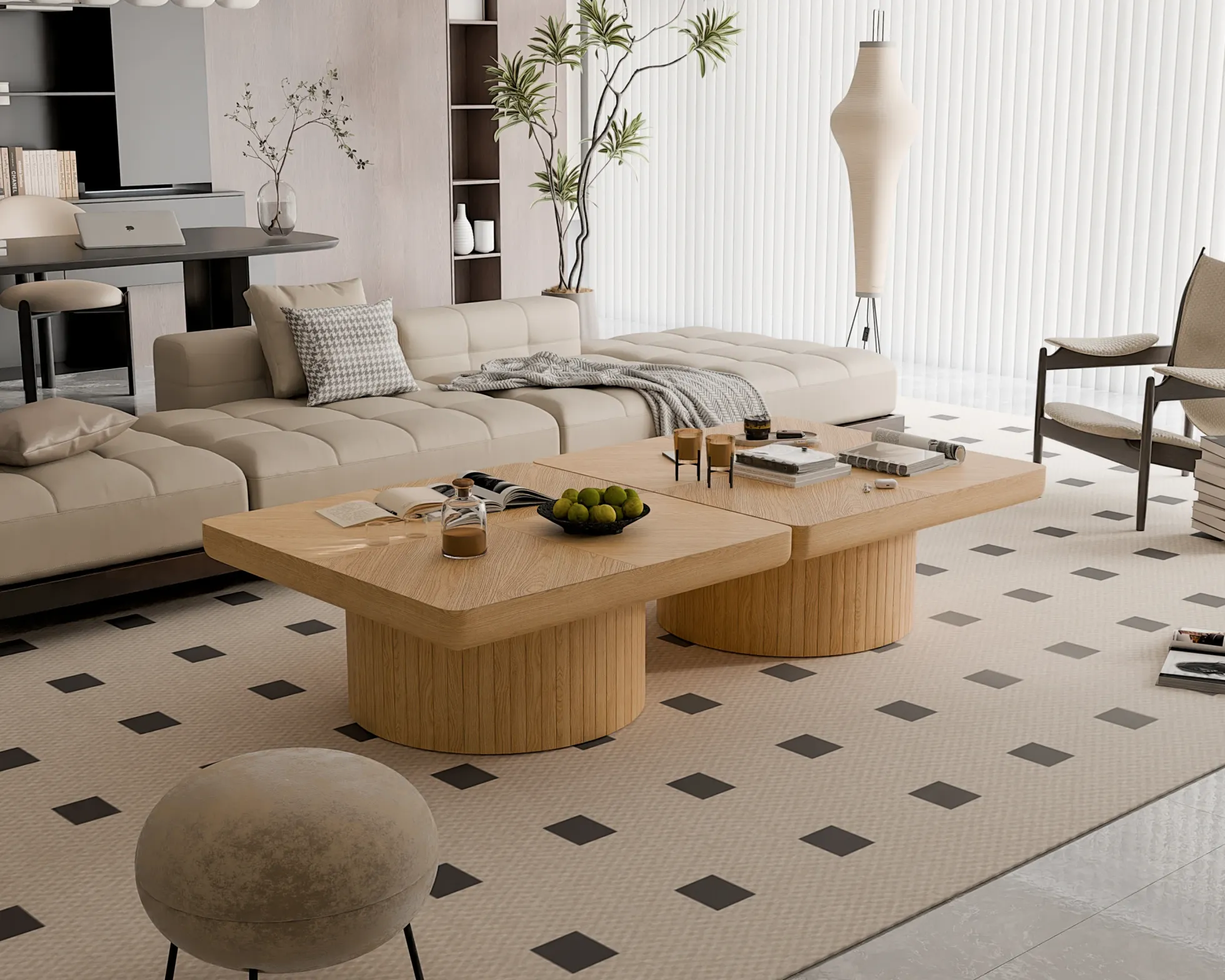 Modern Veneer 34.6'' Square Fluted Cylindrical Base Coffee Table