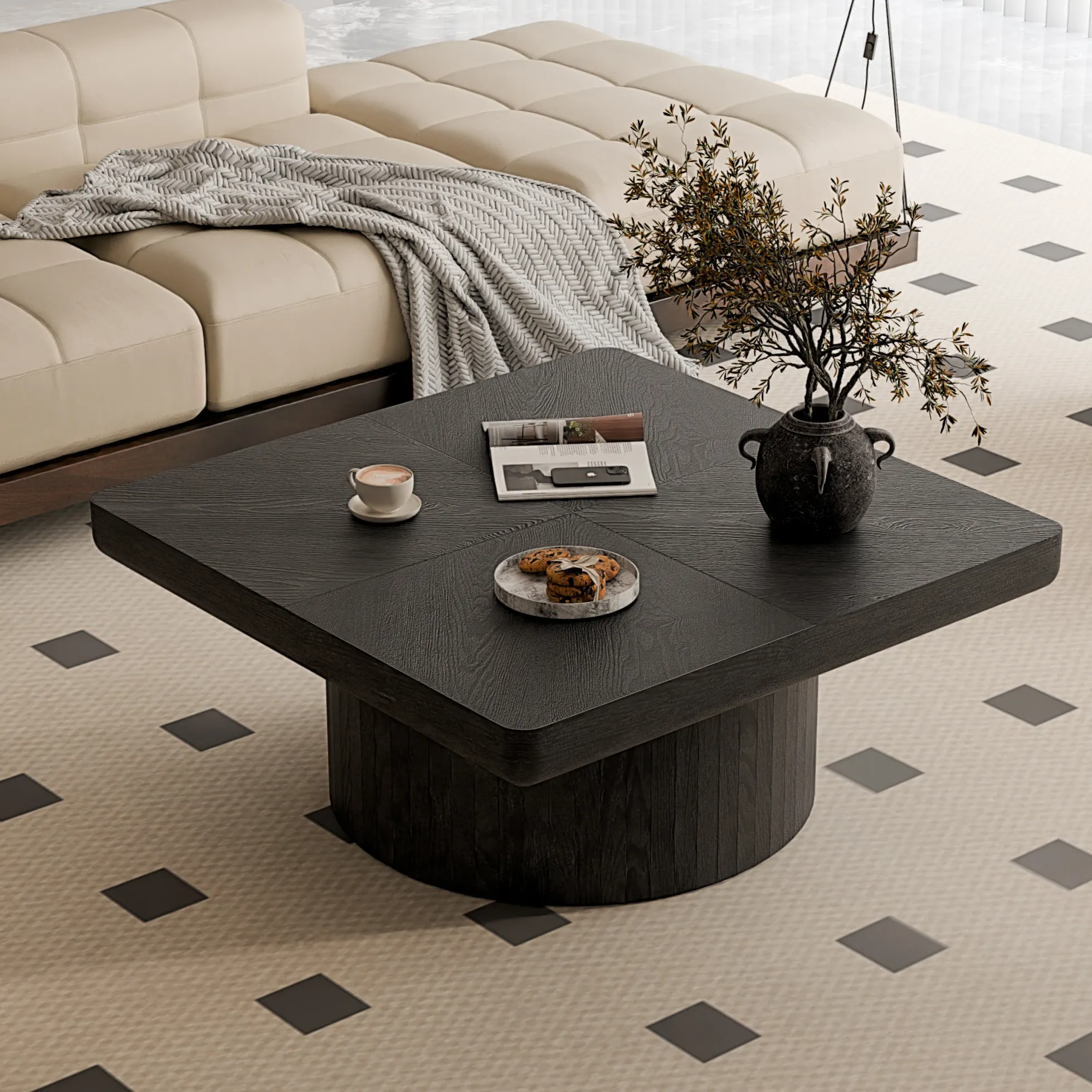 Modern Veneer 34.6'' Square Fluted Cylindrical Base Coffee Table