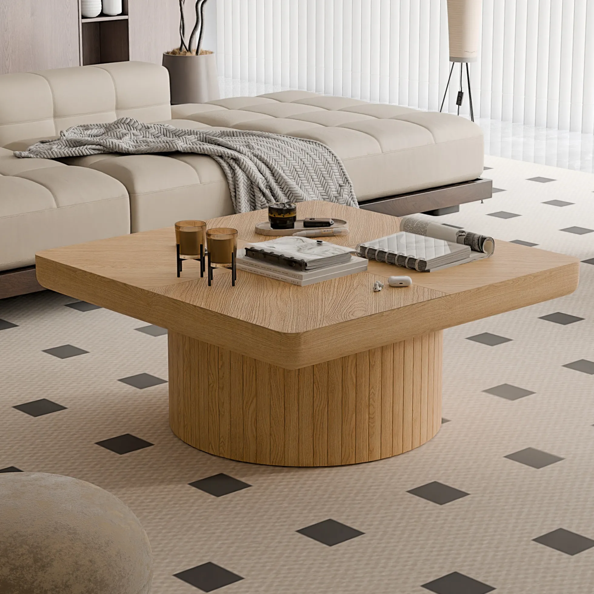Modern Veneer 34.6'' Square Fluted Cylindrical Base Coffee Table