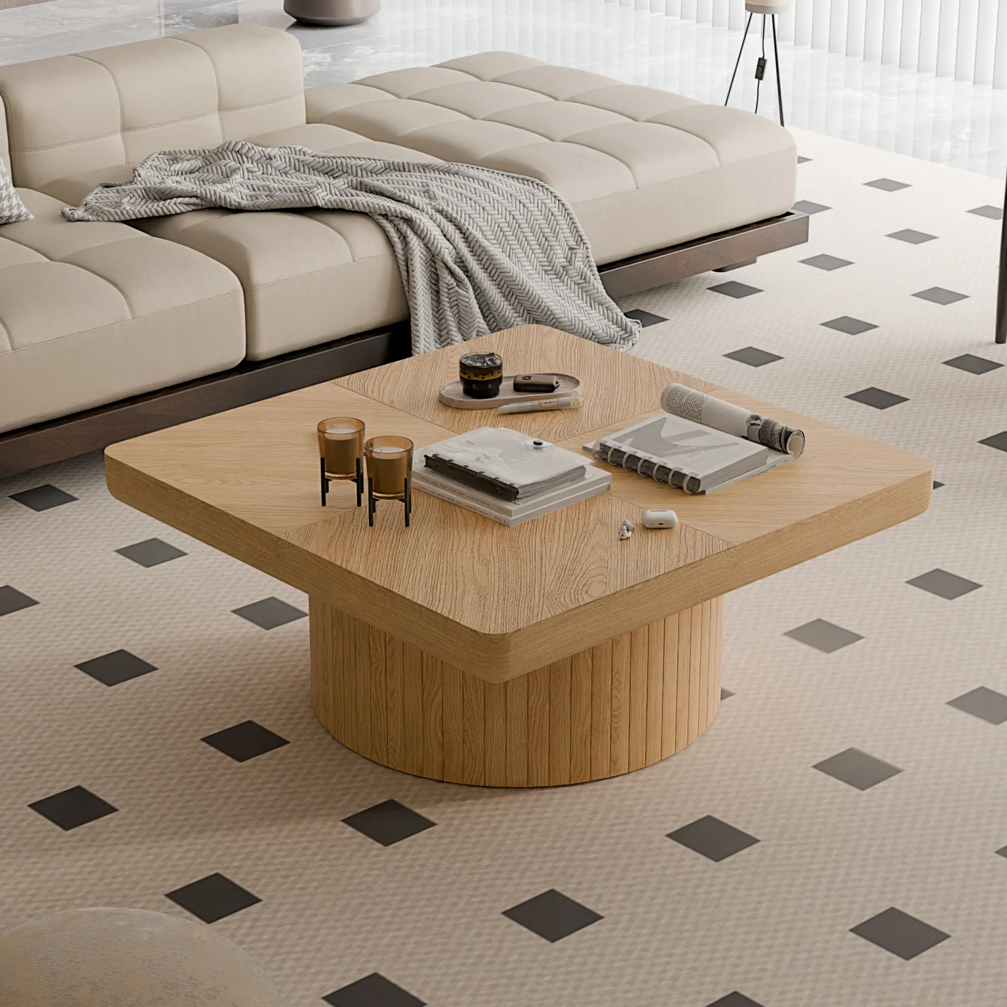 Modern Veneer 34.6'' Square Fluted Cylindrical Base Coffee Table