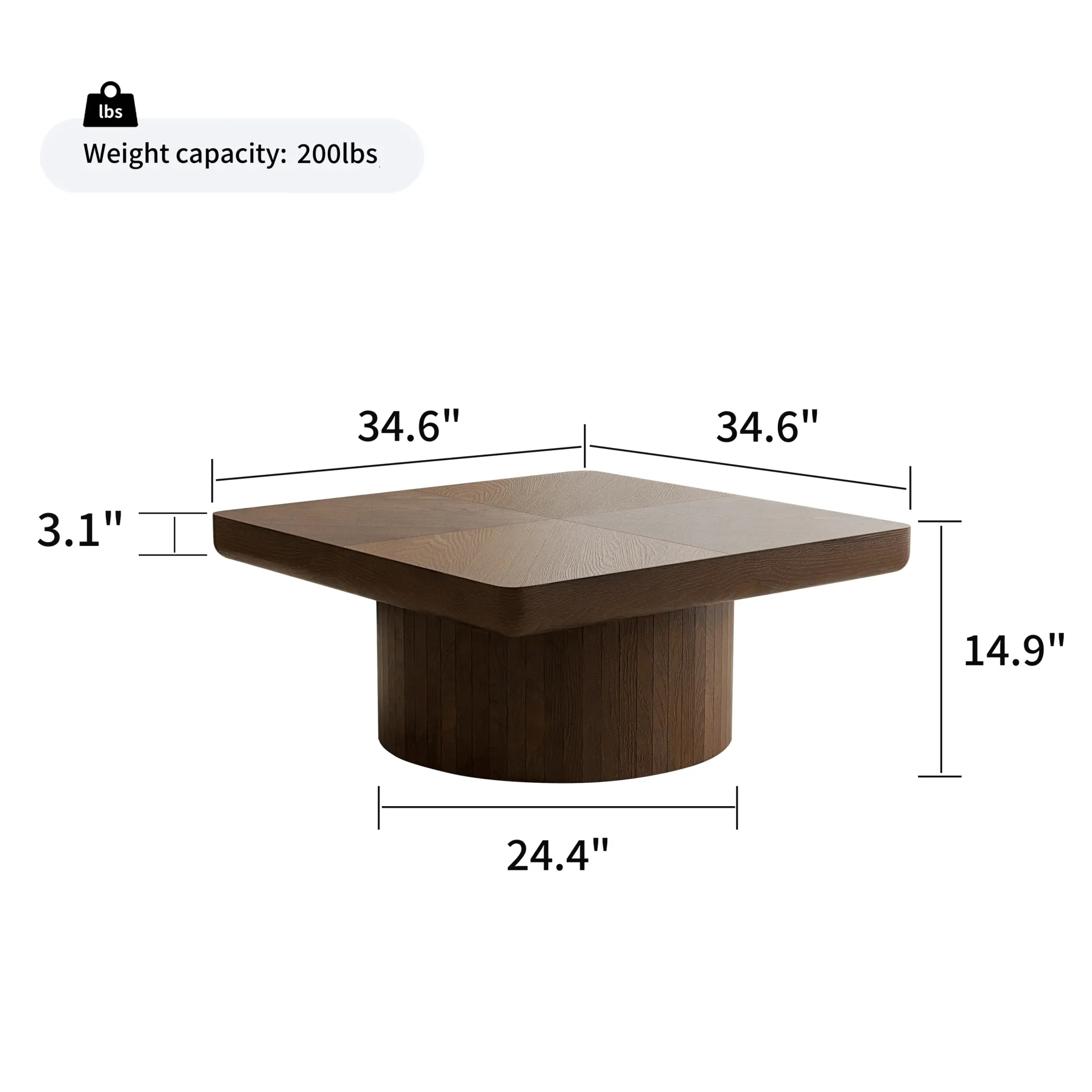 Modern Veneer 34.6'' Square Fluted Cylindrical Base Coffee Table
