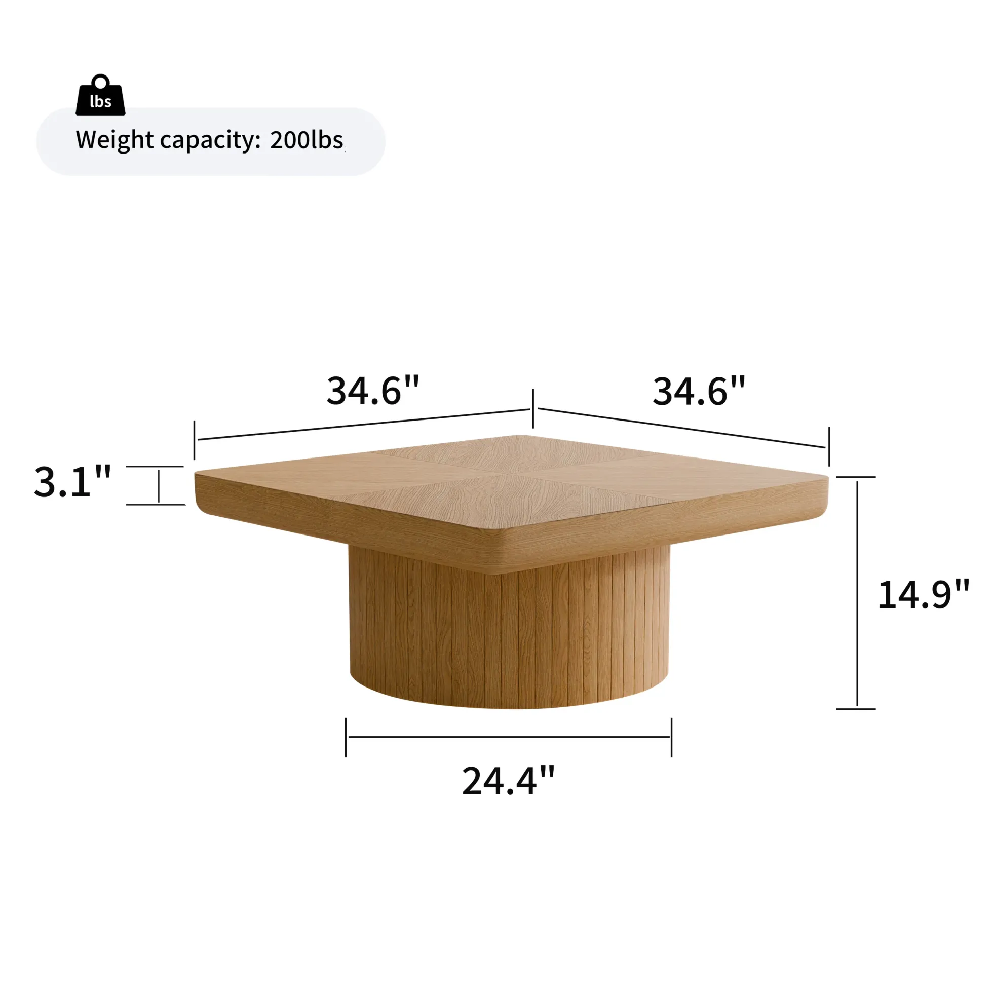 Modern Veneer 34.6'' Square Fluted Cylindrical Base Coffee Table