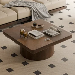 Modern Veneer 34.6'' Square Fluted Cylindrical Base Coffee Table