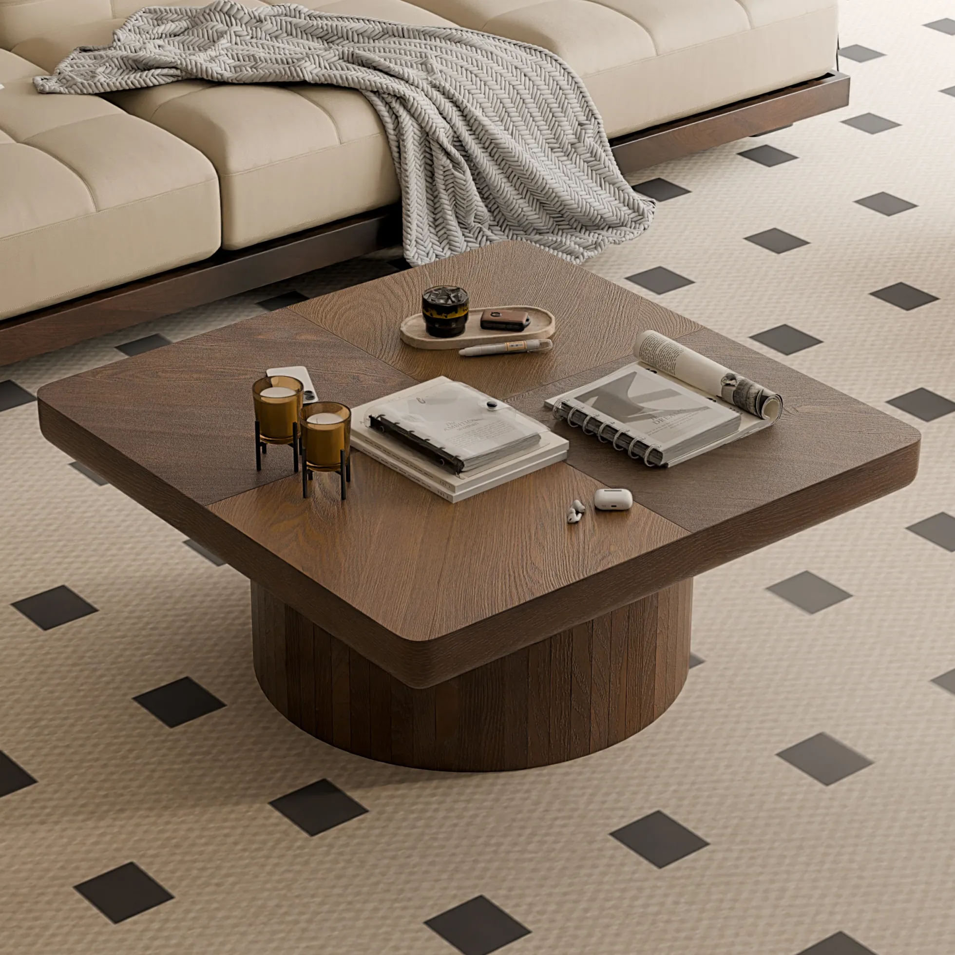Modern Veneer 34.6'' Square Fluted Cylindrical Base Coffee Table