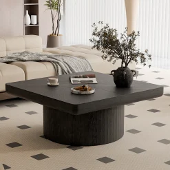 Modern Veneer 34.6'' Square Fluted Cylindrical Base Coffee Table