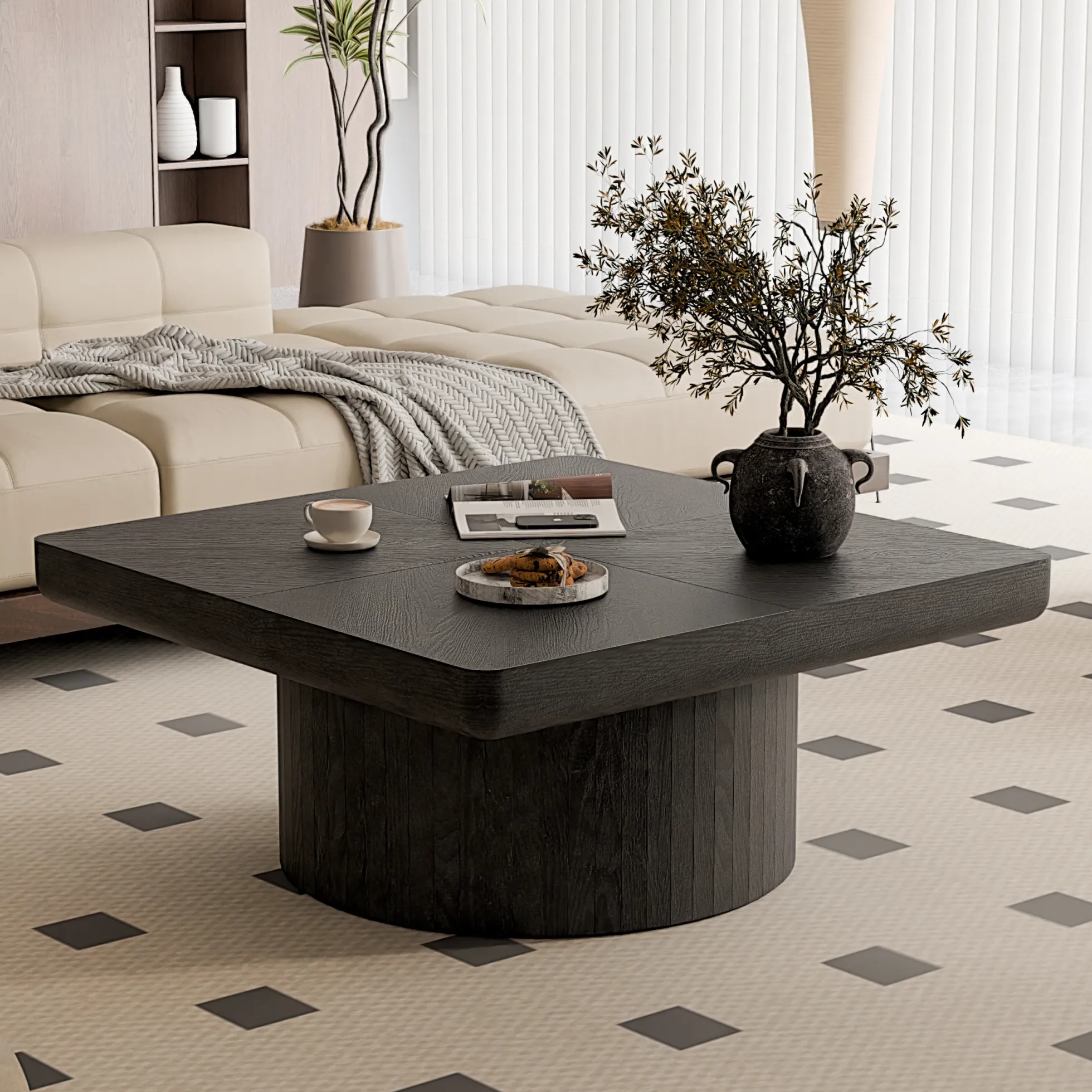 Modern Veneer 34.6'' Square Fluted Cylindrical Base Coffee Table