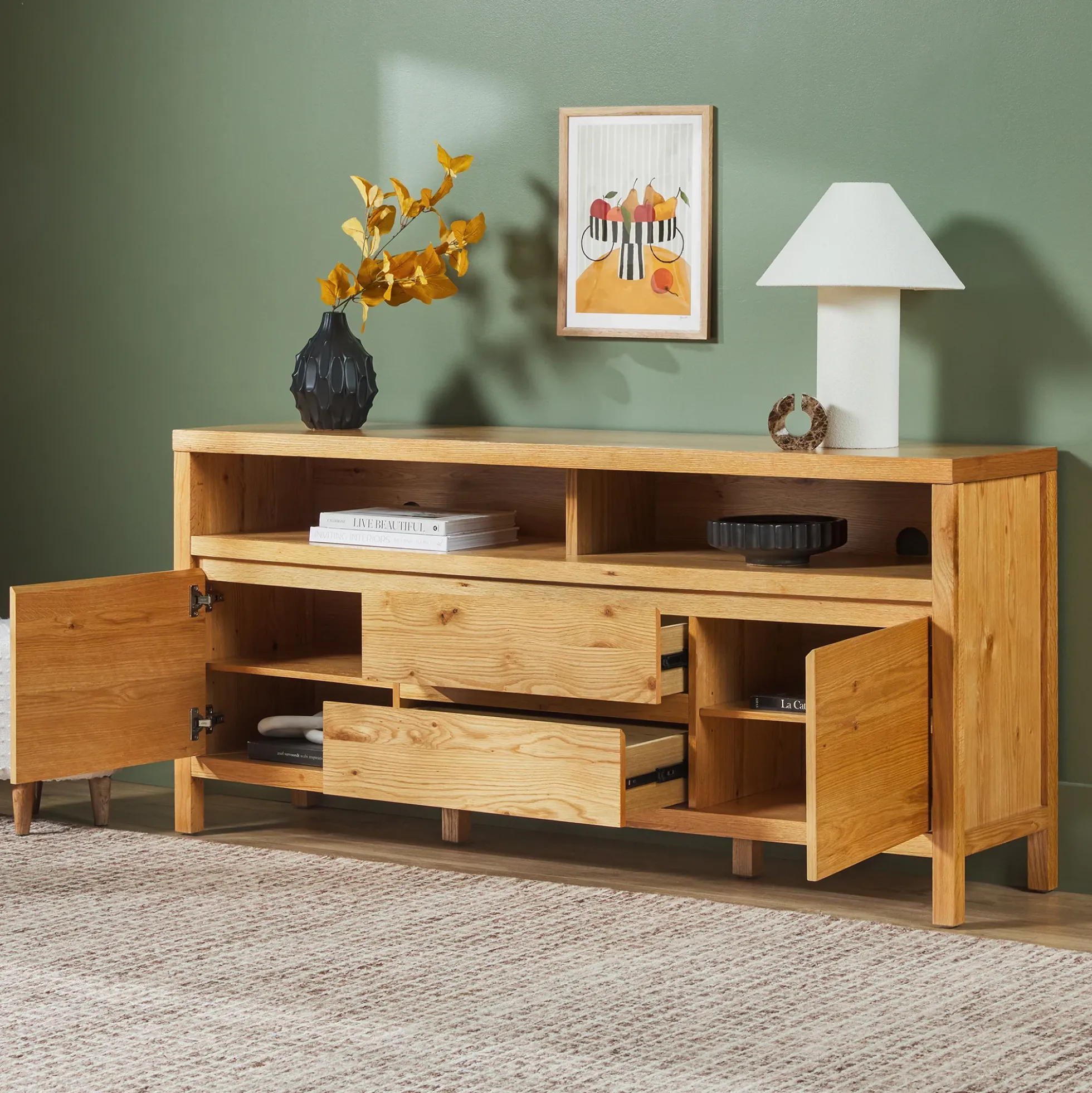 Nash 65" Modern Farmhouse Rustic Oak Wood Sideboard TV Stand