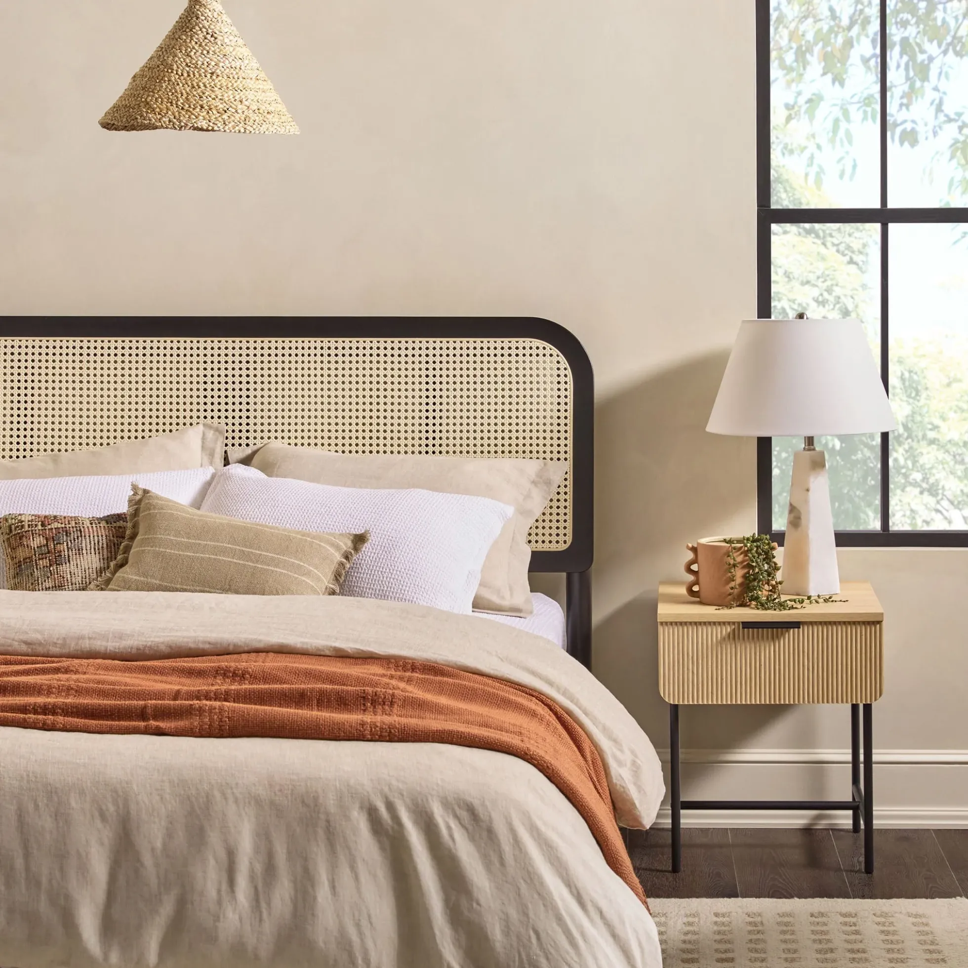 Neru Boho Curved Rattan-Headboard Bed Collection (Queen or King)