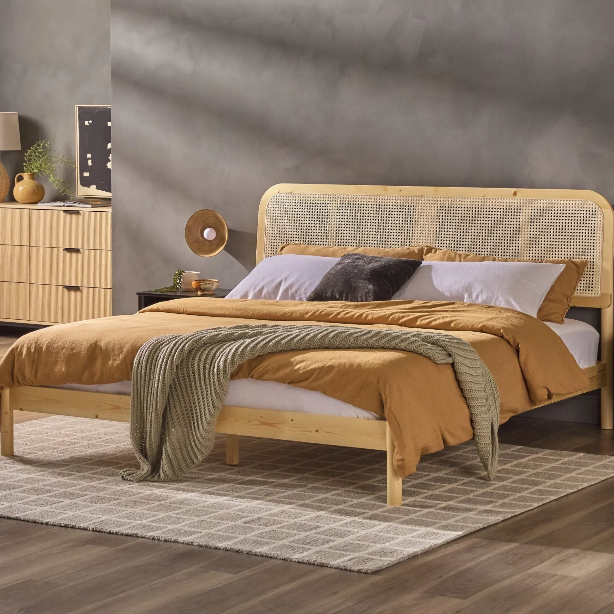 Neru Boho Curved Rattan-Headboard Bed Collection (Queen or King)