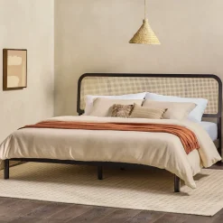 Neru Boho Curved Rattan-Headboard Bed Collection (Queen or King)