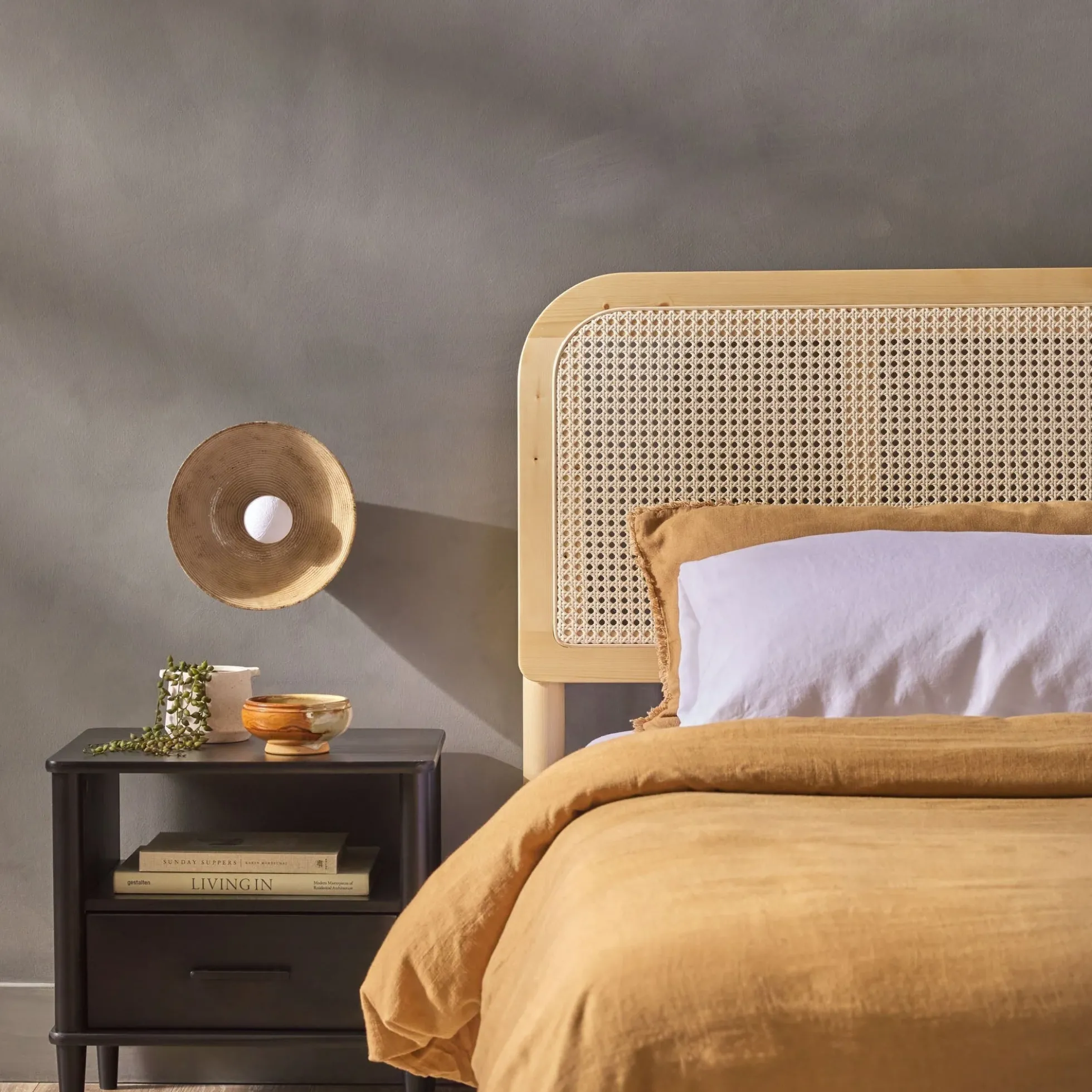 Neru Boho Curved Rattan-Headboard Bed Collection (Queen or King)