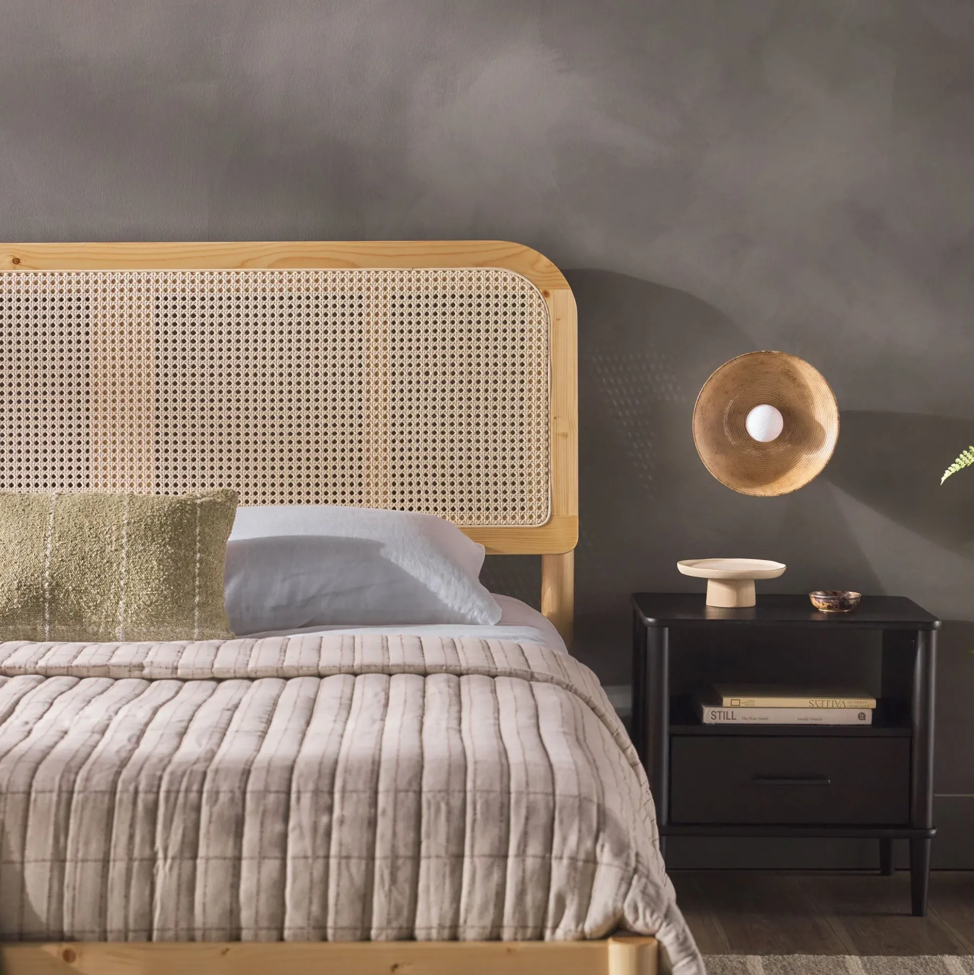 Neru Boho Curved Rattan-Headboard Bed Collection (Queen or King)