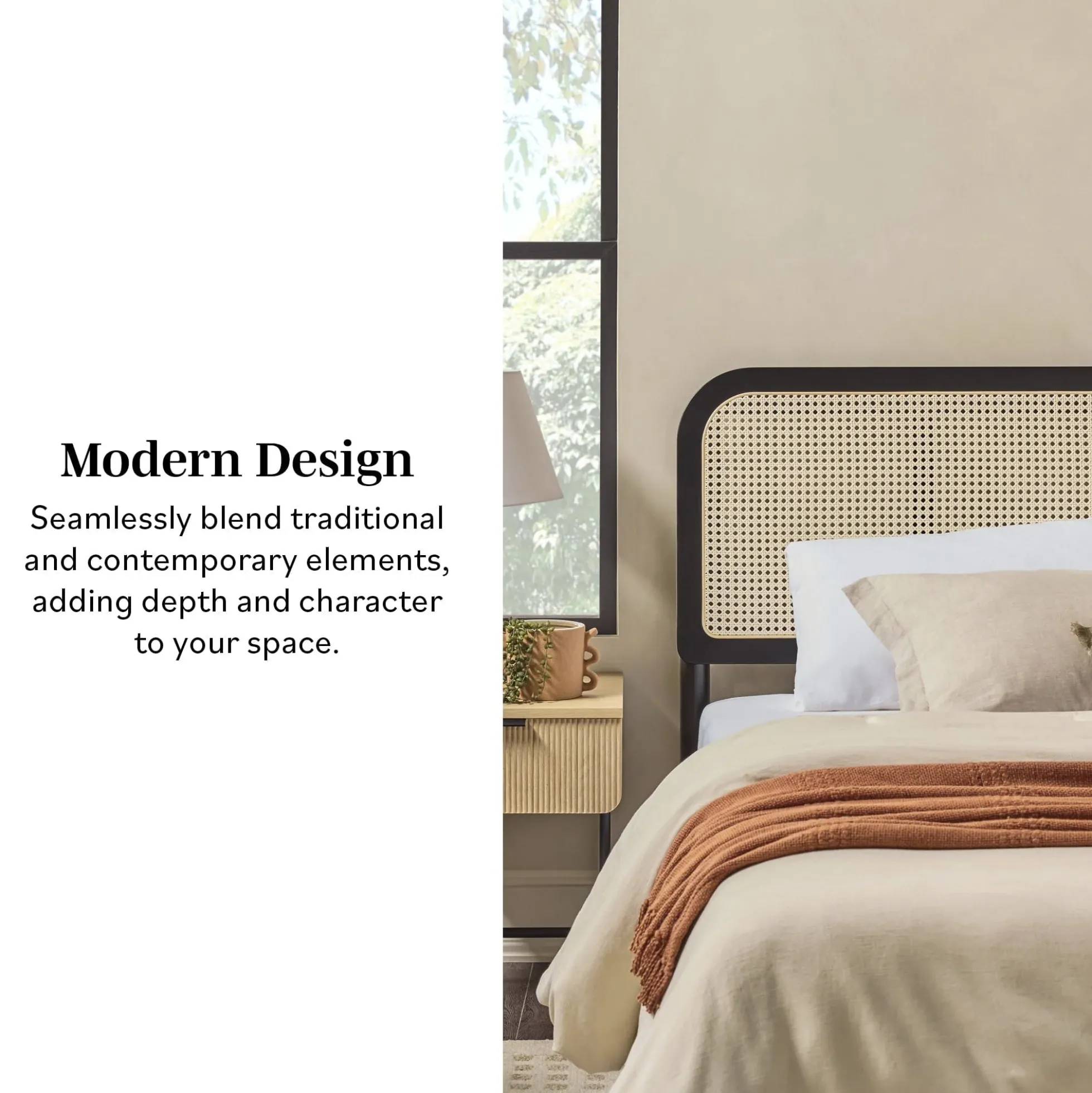Neru Boho Curved Rattan-Headboard Bed Collection (Queen or King)