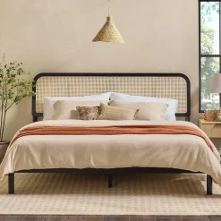 Neru Boho Curved Rattan-Headboard Bed Collection (Queen or King)