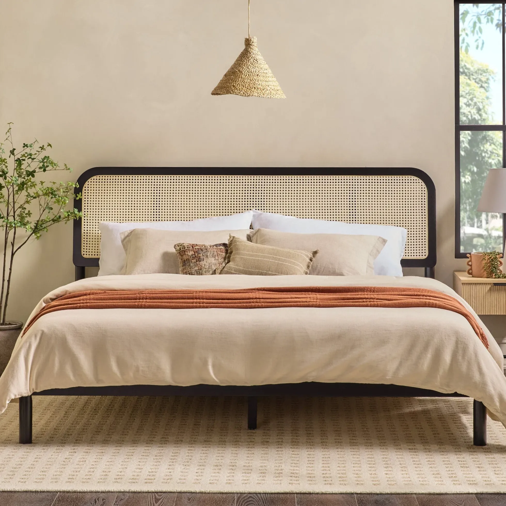Neru Boho Curved Rattan-Headboard Bed Collection (Queen or King)