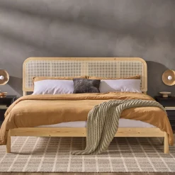 Neru Boho Curved Rattan-Headboard Bed Collection (Queen or King)