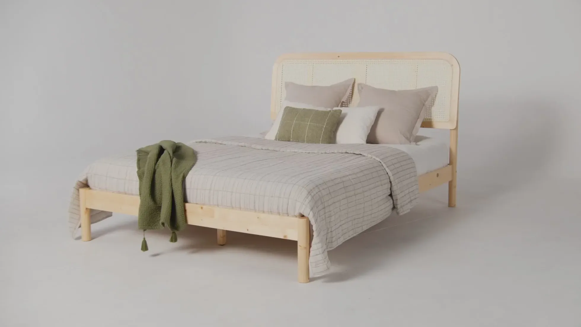 Neru Boho Curved Rattan-Headboard Bed Collection (Queen or King)
