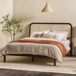 Neru Boho Curved Rattan-Headboard Bed Collection (Queen or King)