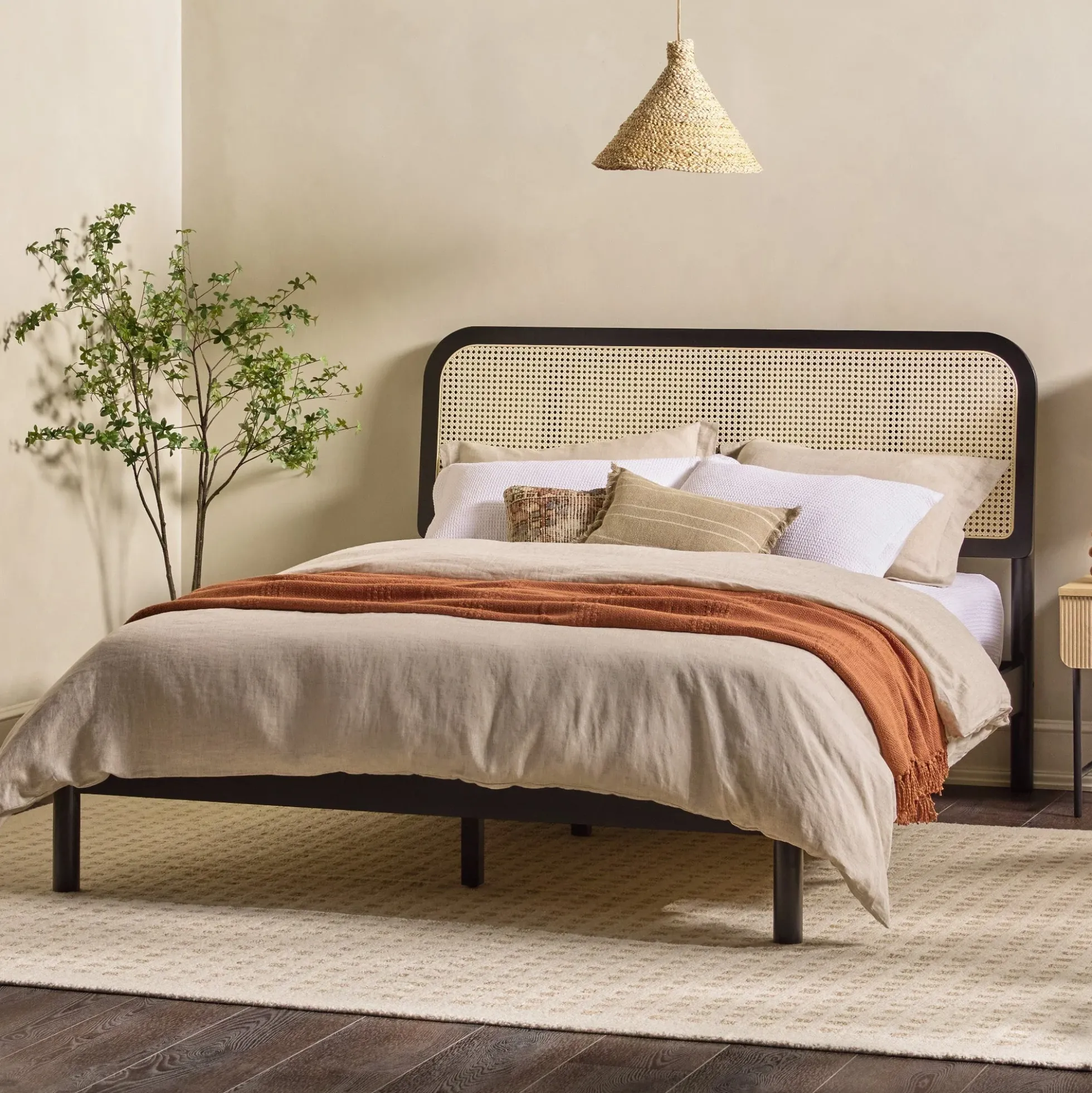 Neru Boho Curved Rattan-Headboard Bed Collection (Queen or King)