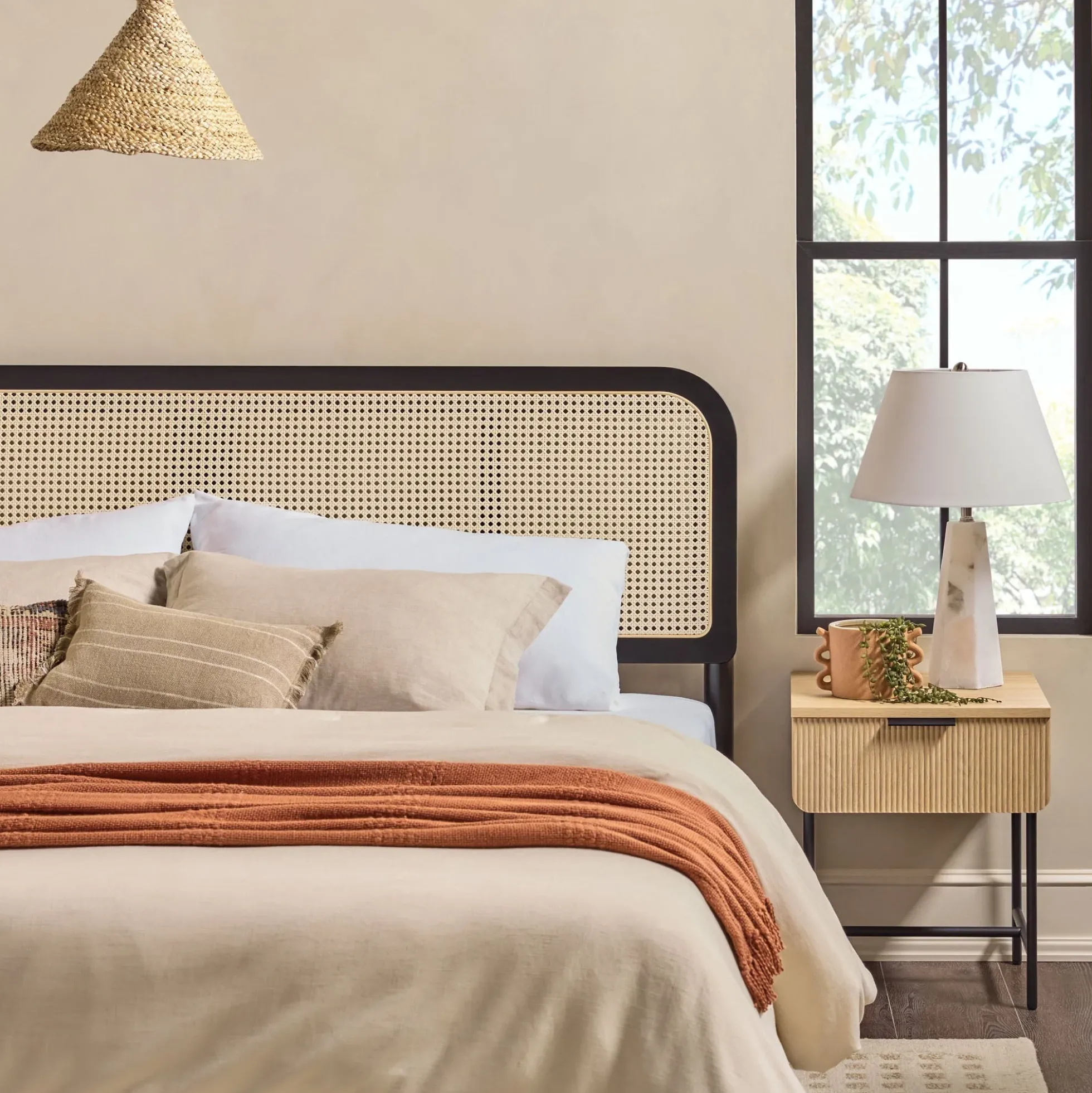 Neru Boho Curved Rattan-Headboard Bed Collection (Queen or King)