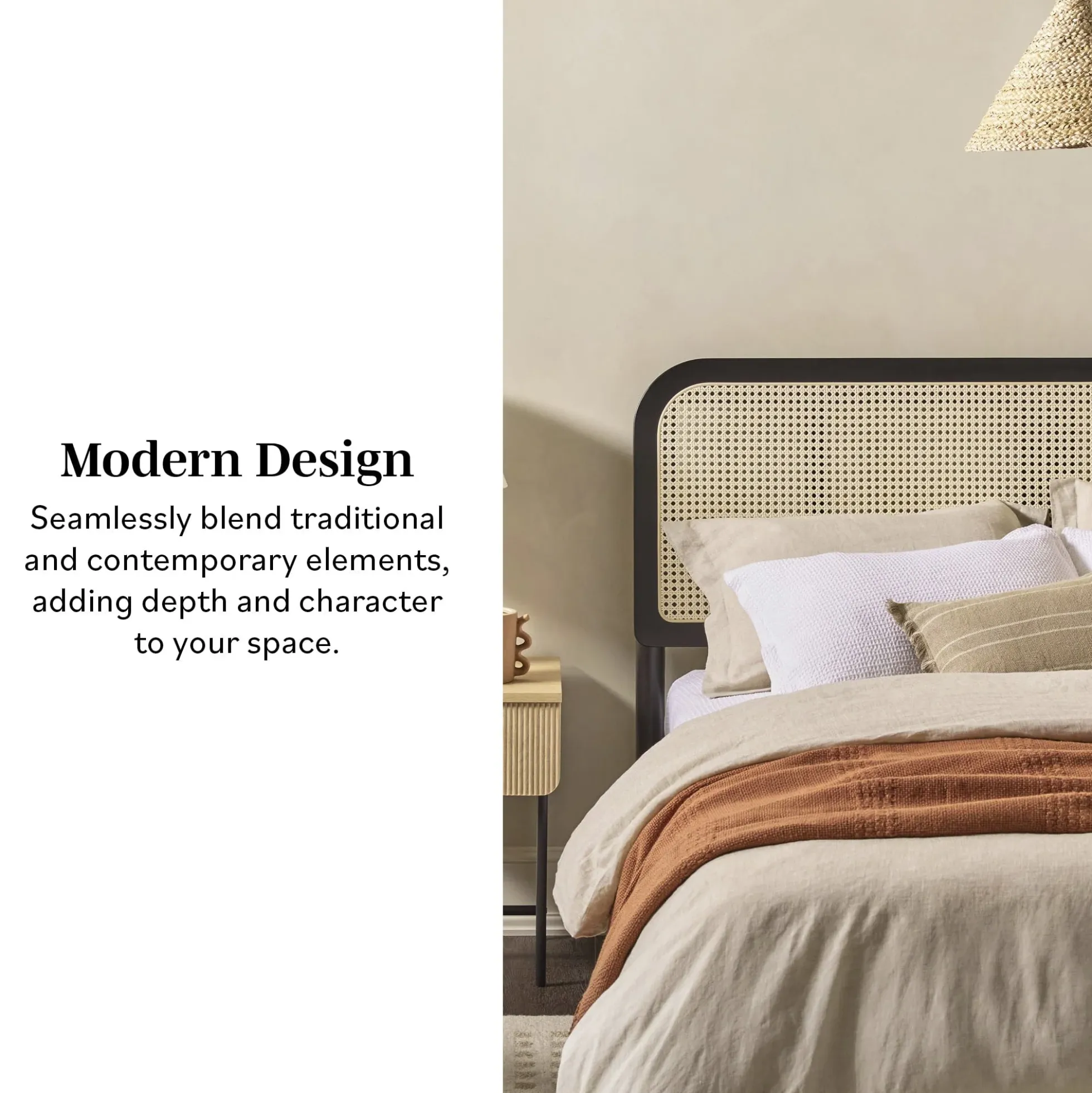 Neru Boho Curved Rattan-Headboard Bed Collection (Queen or King)