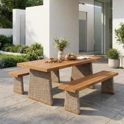 Outdoor 3 Piece Acacia Wood Dining Set with Handwoven Rattan Legs