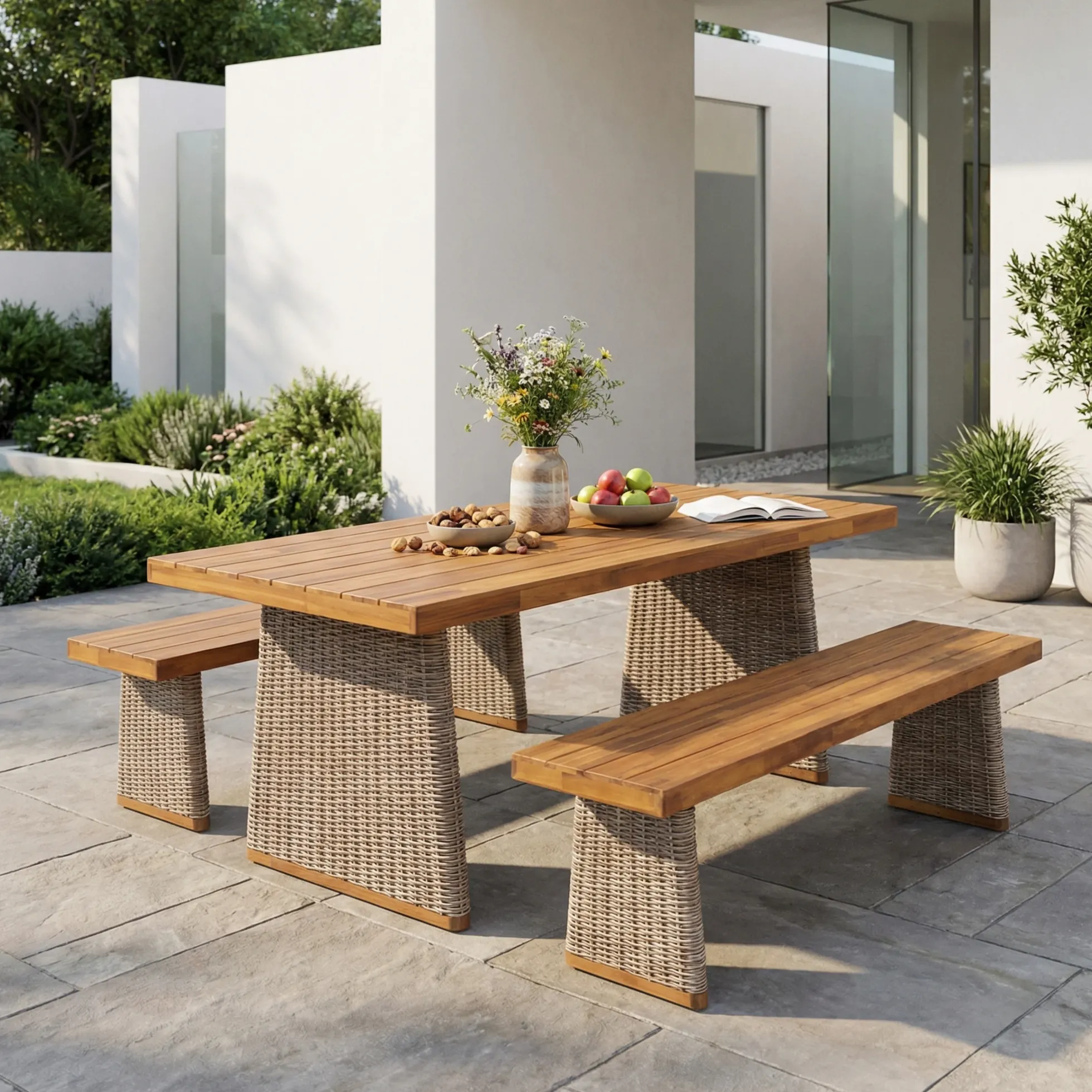 Outdoor 3 Piece Acacia Wood Dining Set with Handwoven Rattan Legs