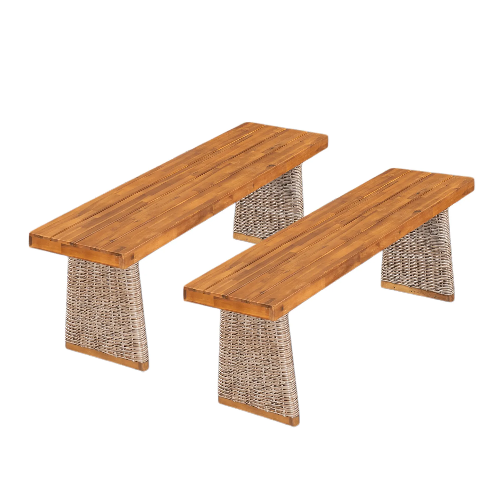 Outdoor 3 Piece Acacia Wood Dining Set with Handwoven Rattan Legs