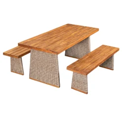 Outdoor 3 Piece Acacia Wood Dining Set with Handwoven Rattan Legs