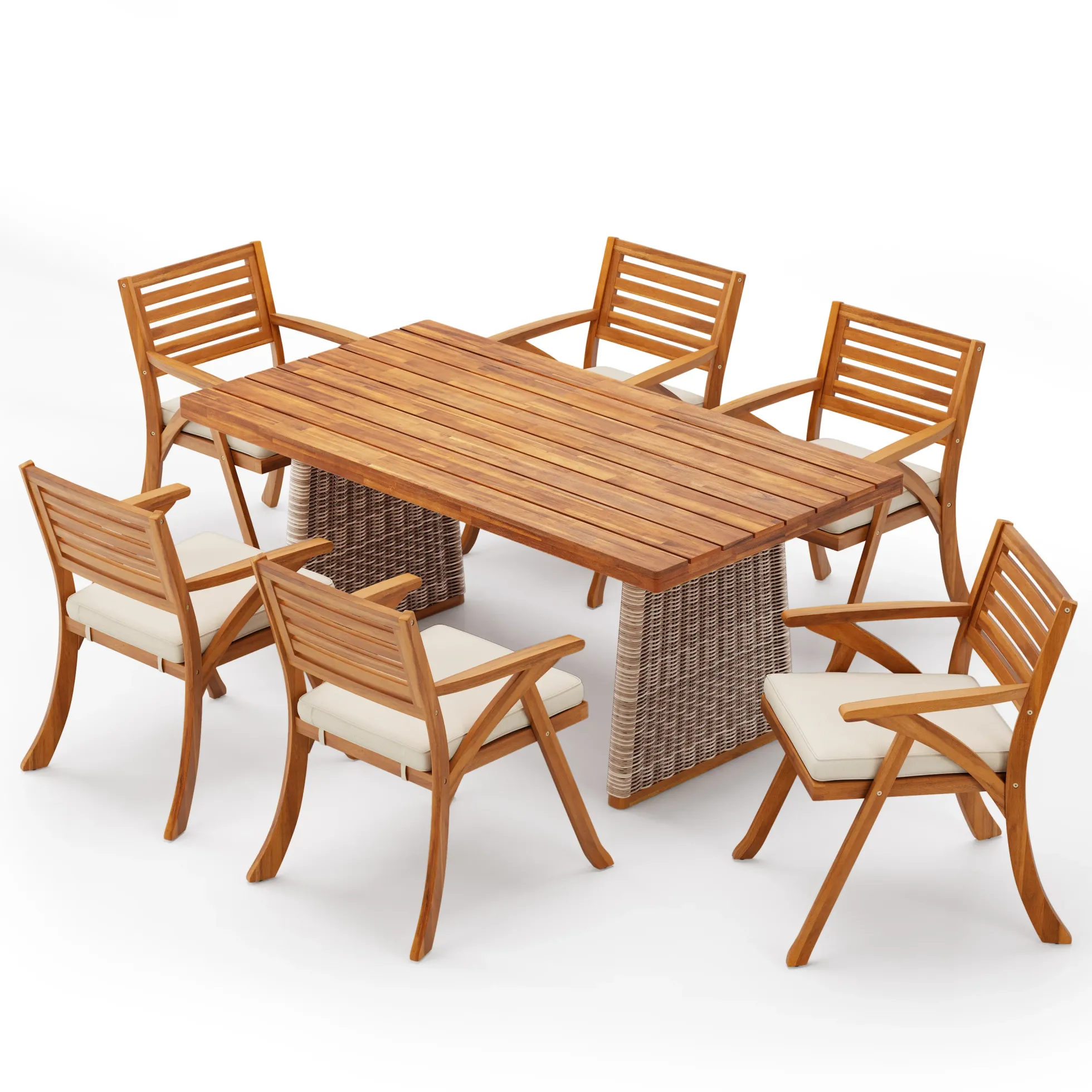 Outdoor 7 Pieces Acacia Wood Dining Set with Handwoven Rattan Legs