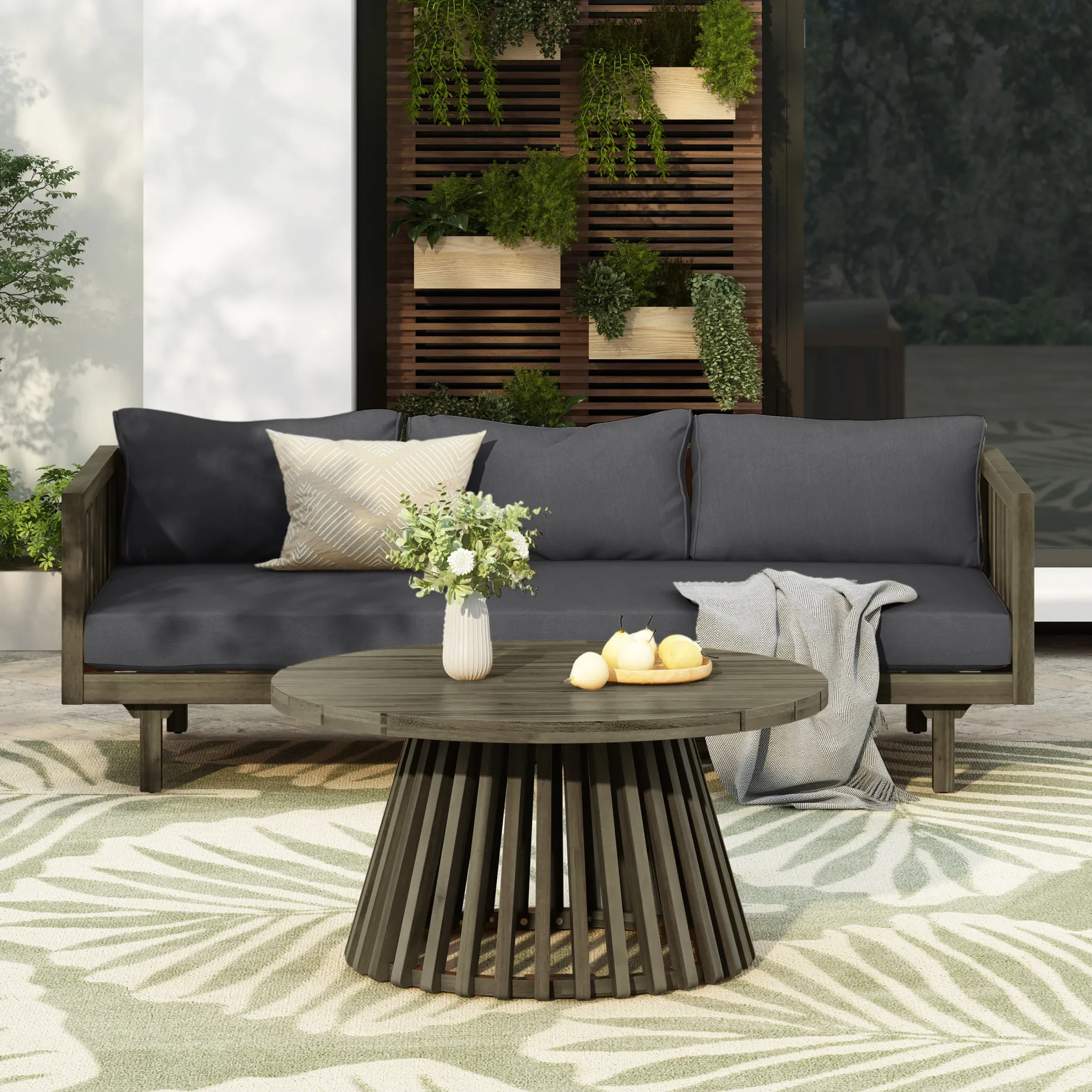 Outdoor Acacia Wood Deep Seat Daybed Patio Furniture Set with Cushions & Table