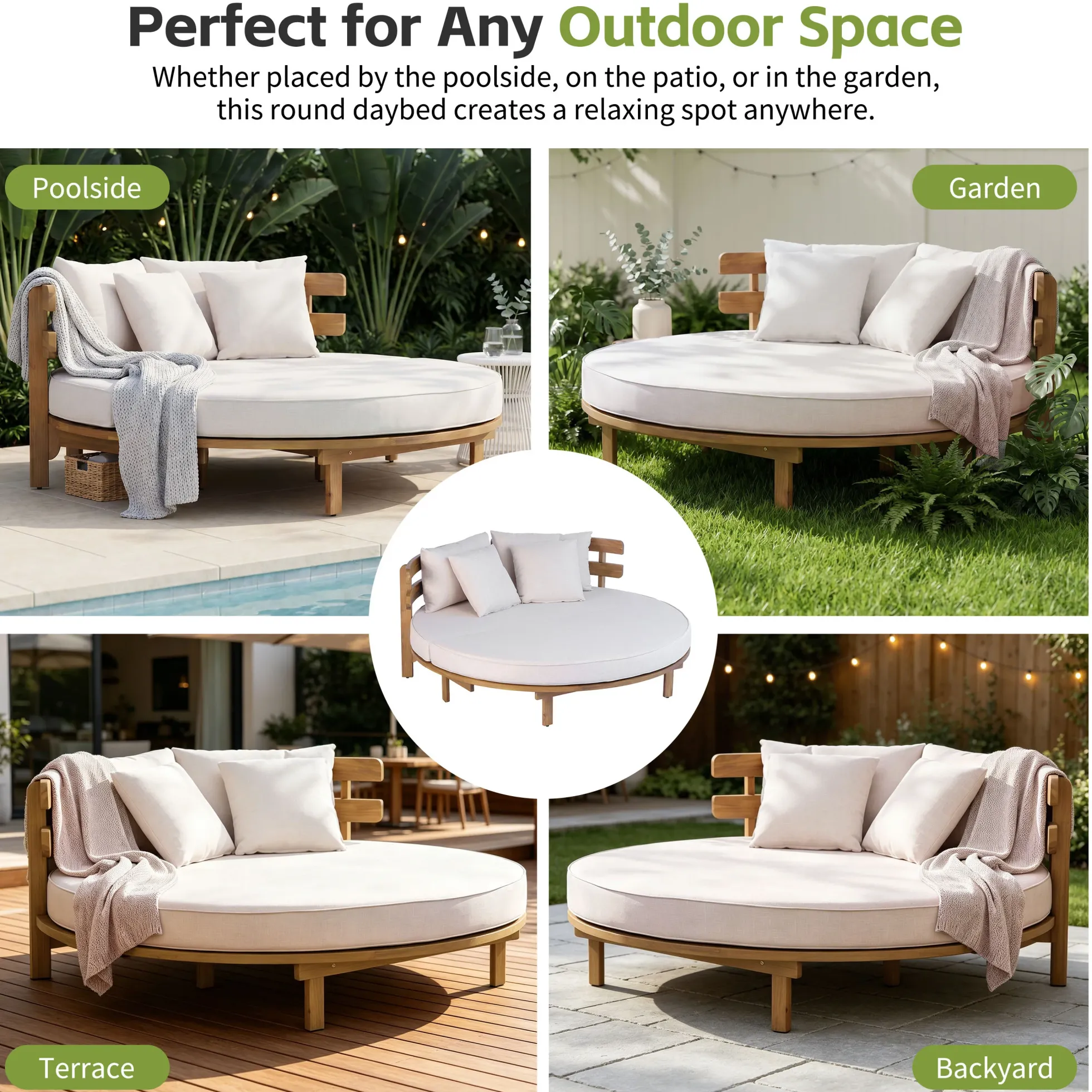 Outdoor Acacia Wood Round Lounger Daybed