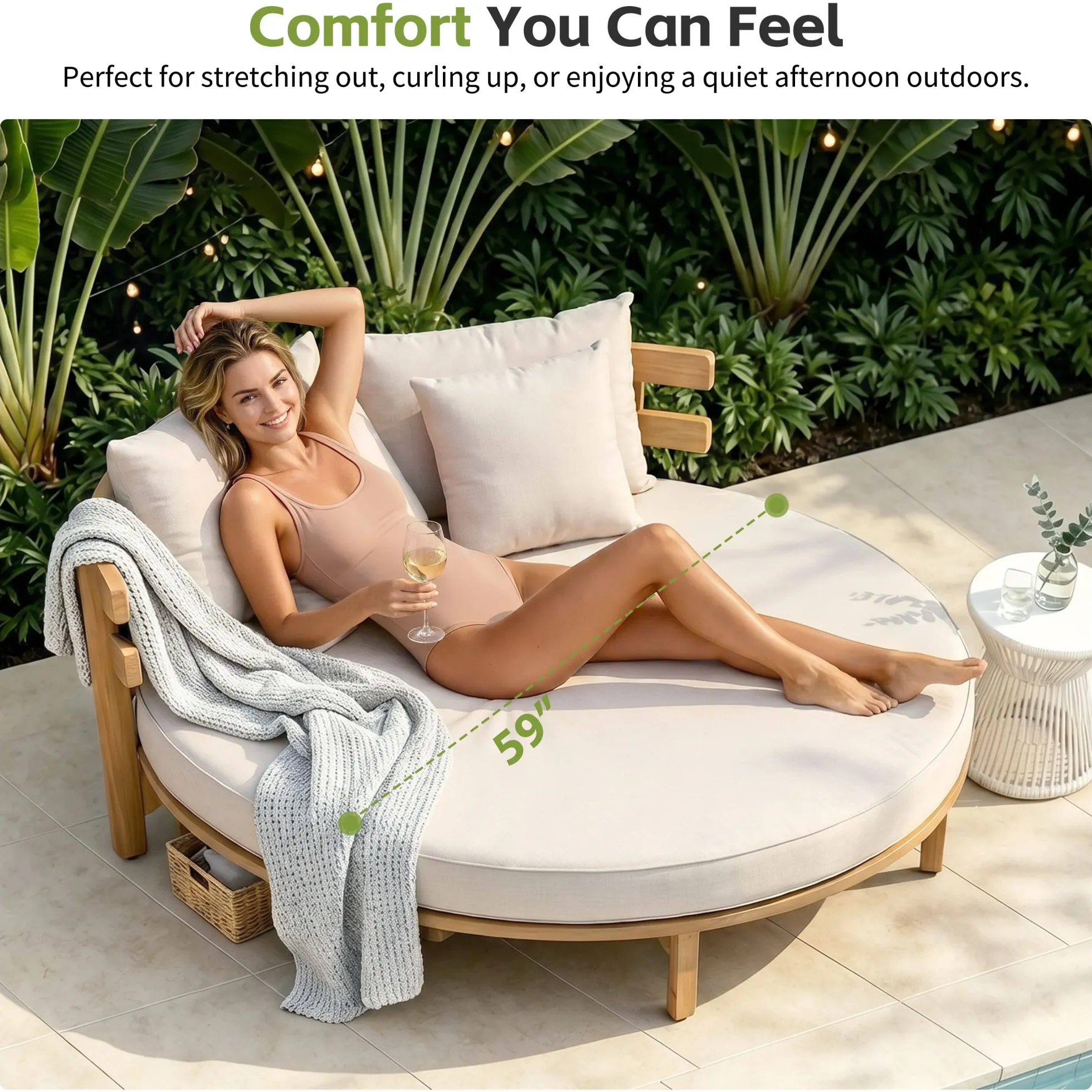 Outdoor Acacia Wood Round Lounger Daybed