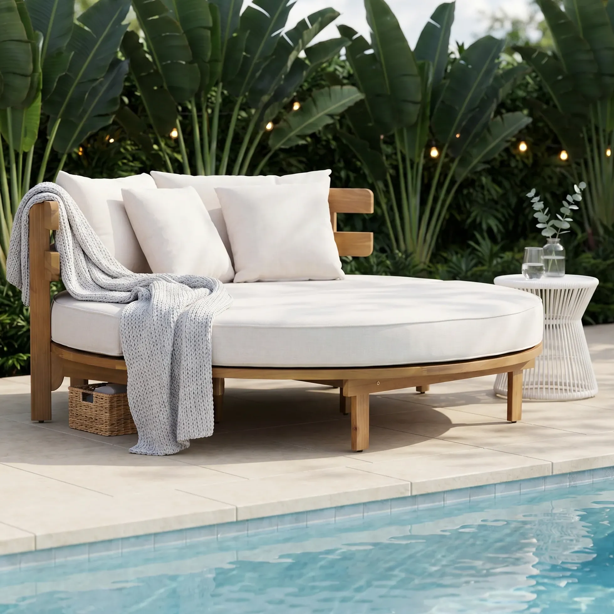 Outdoor Acacia Wood Round Lounger Daybed