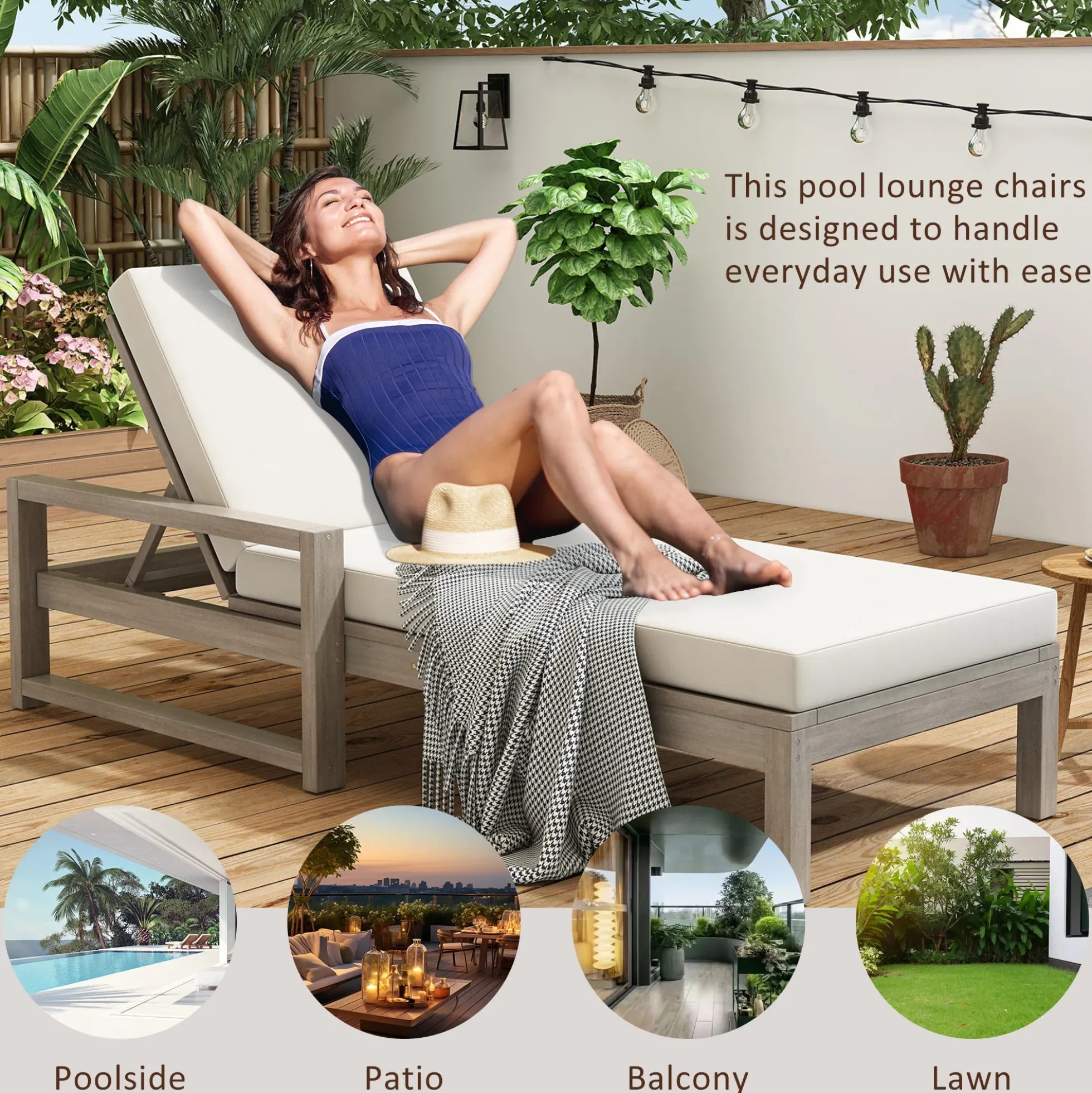Outdoor Lounge Chair with Cushion & Adjustable Backrest