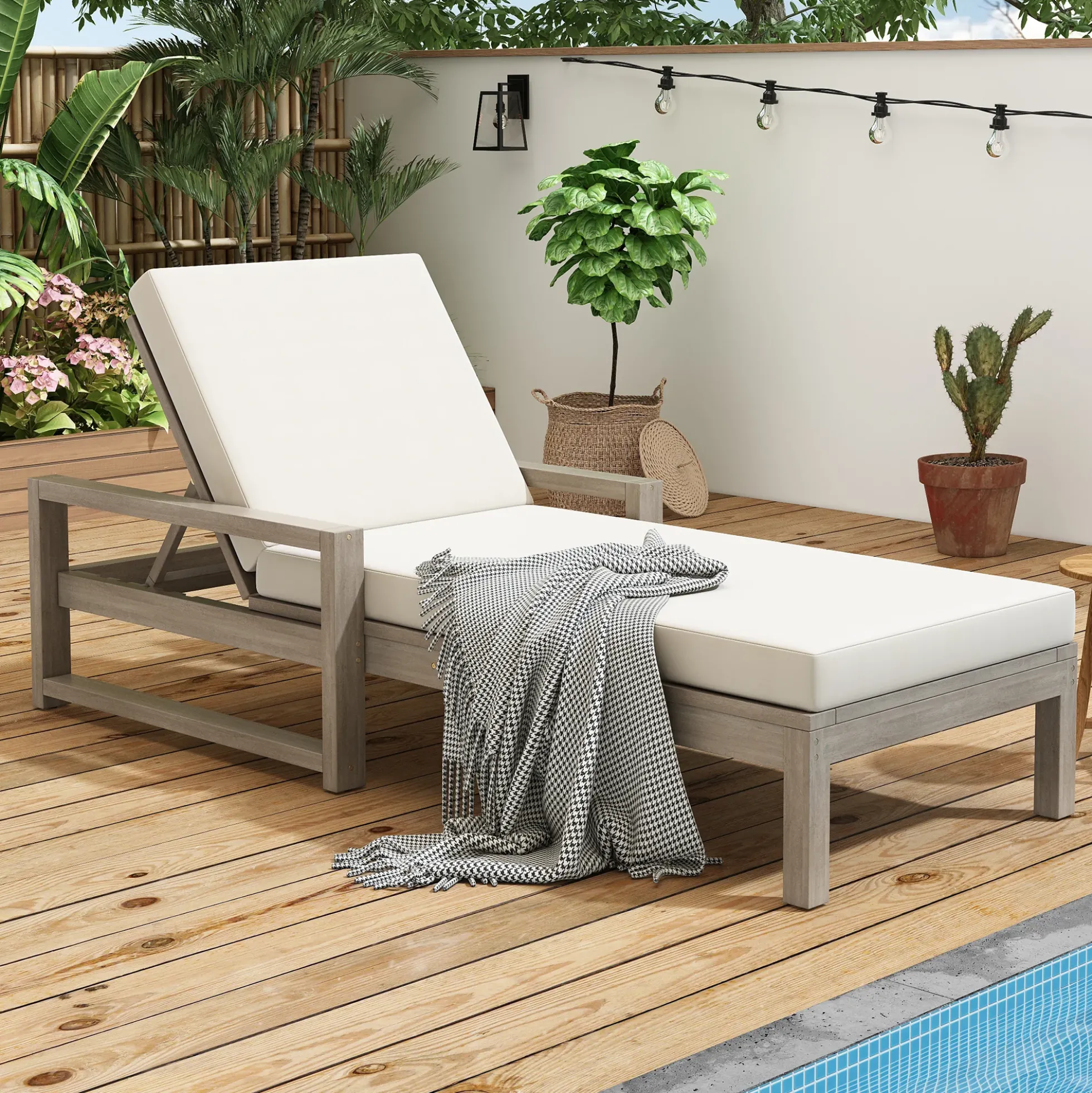 Outdoor Lounge Chair with Cushion & Adjustable Backrest