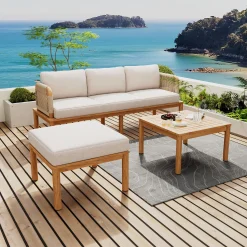 Outdoor Patio 3-piece Acacia Wood and Rope Sofa Set