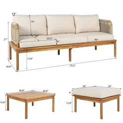 Outdoor Patio 3-piece Acacia Wood and Rope Sofa Set