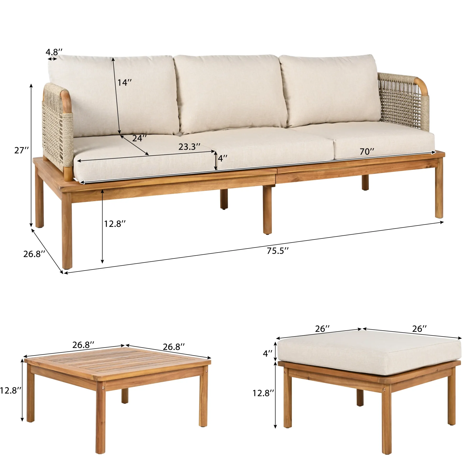 Outdoor Patio 3-piece Acacia Wood and Rope Sofa Set