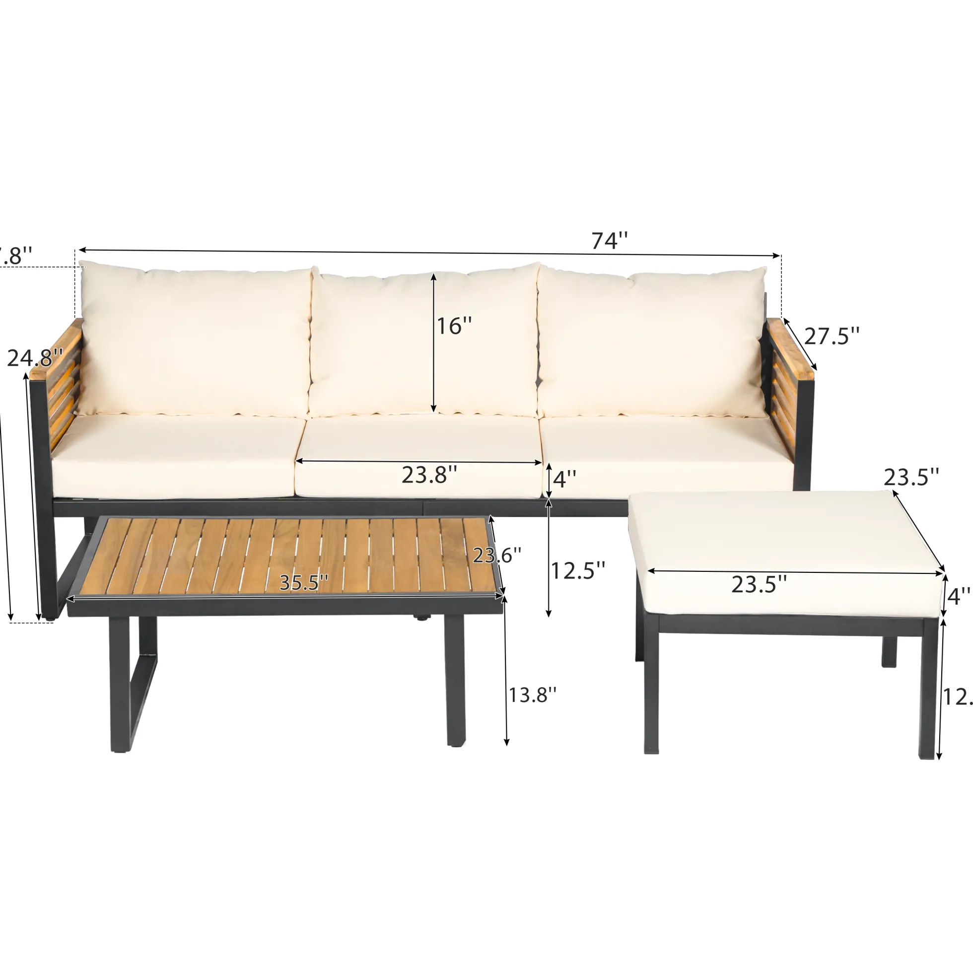 Outdoor Patio 3-piece Acacia Wood and Metal Sofa Set